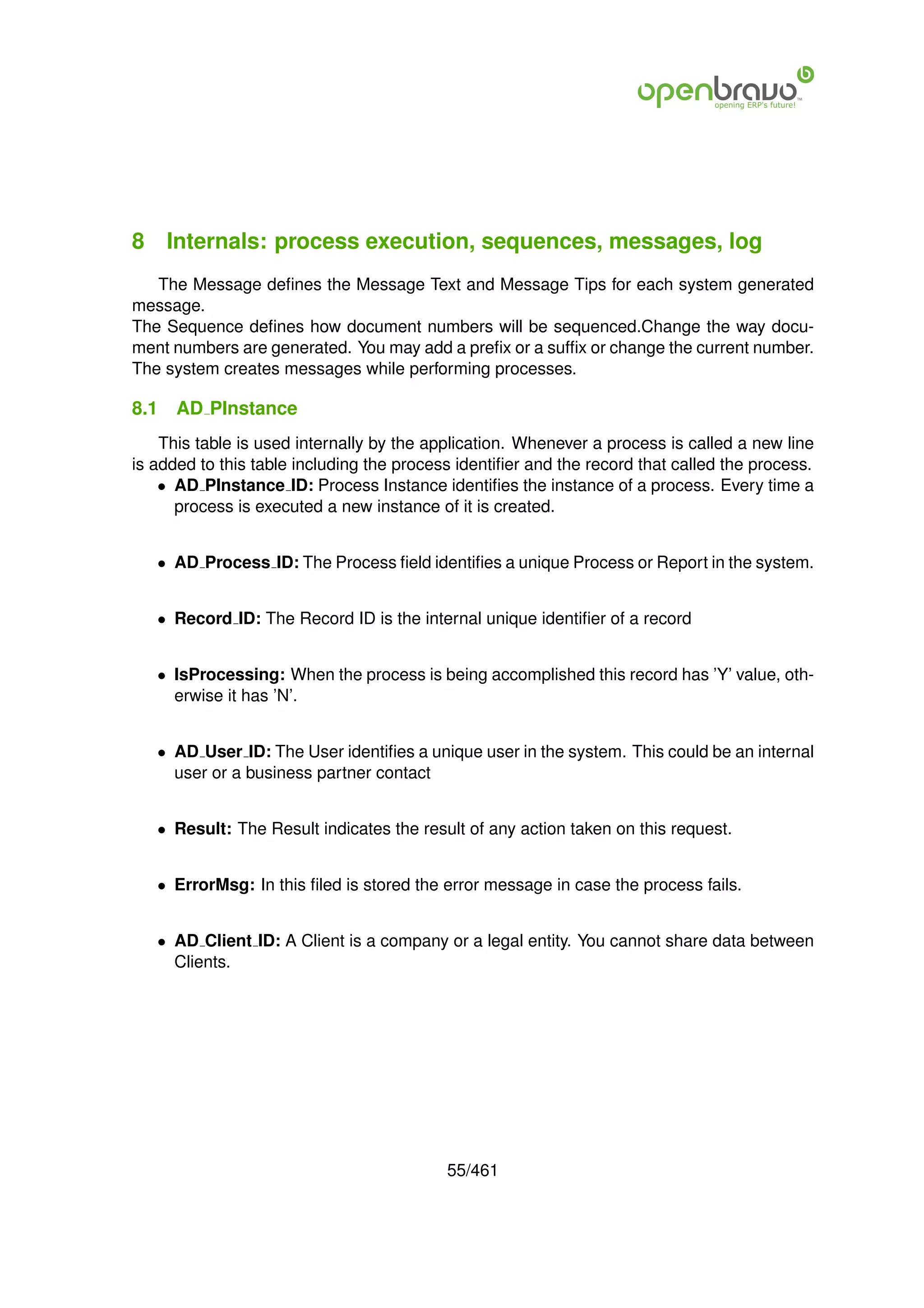 8 Internals: process execution, sequences, messages, log
   The Message deﬁnes the Message Text and Message Tips for each system generated
message.
The Sequence deﬁnes how document numbers will be sequenced.Change the way docu-
ment numbers are generated. You may add a preﬁx or a sufﬁx or change the current number.
The system creates messages while performing processes.

8.1   AD PInstance
    This table is used internally by the application. Whenever a process is called a new line
is added to this table including the process identiﬁer and the record that called the process.
    • AD PInstance ID: Process Instance identiﬁes the instance of a process. Every time a
      process is executed a new instance of it is created.


   • AD Process ID: The Process ﬁeld identiﬁes a unique Process or Report in the system.


   • Record ID: The Record ID is the internal unique identiﬁer of a record


   • IsProcessing: When the process is being accomplished this record has ’Y’ value, oth-
     erwise it has ’N’.


   • AD User ID: The User identiﬁes a unique user in the system. This could be an internal
     user or a business partner contact


   • Result: The Result indicates the result of any action taken on this request.


   • ErrorMsg: In this ﬁled is stored the error message in case the process fails.


   • AD Client ID: A Client is a company or a legal entity. You cannot share data between
     Clients.




                                           55/461
 