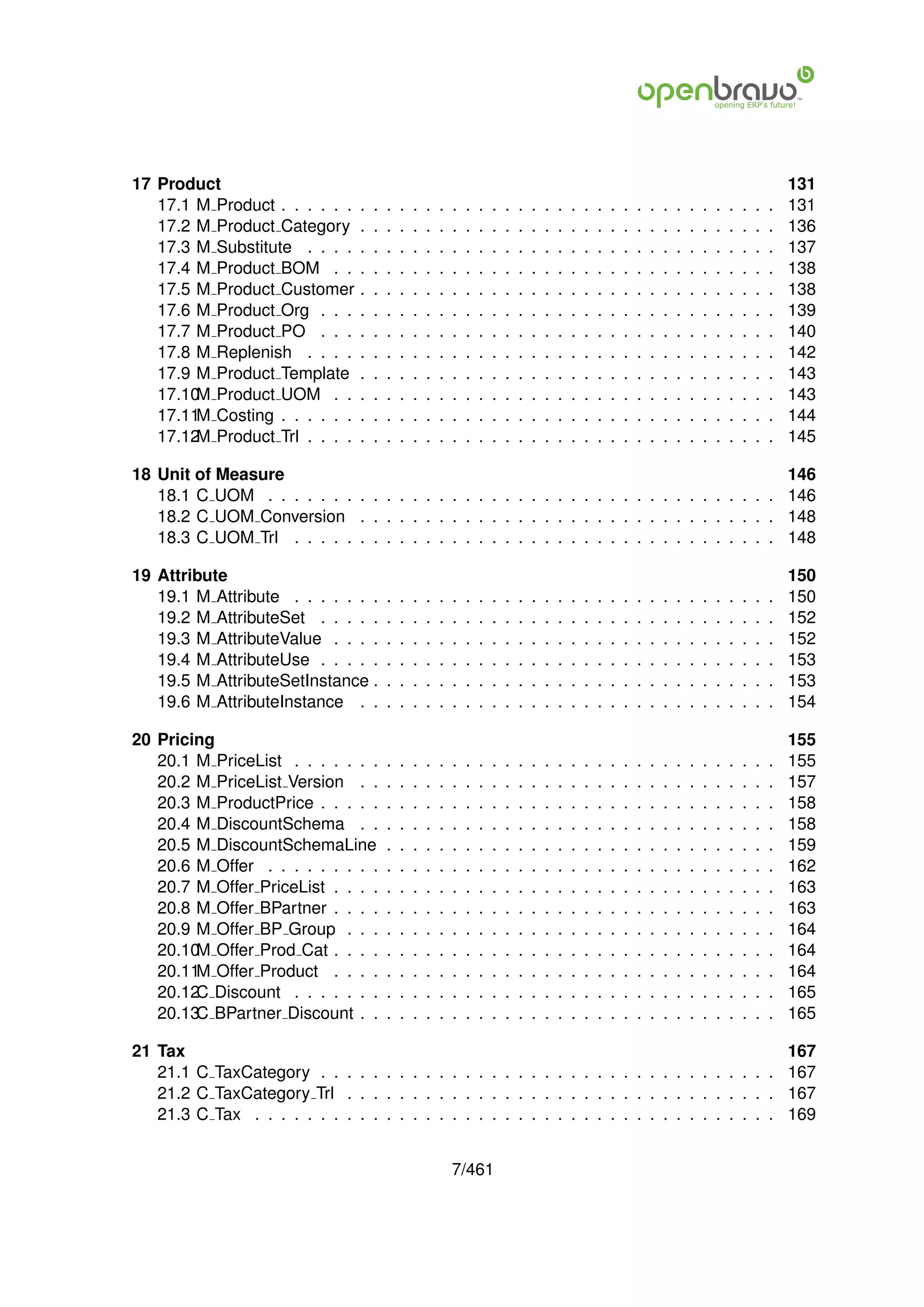 17 Product                                                                                                                                                       131
   17.1 M Product . . . . . .    .   .   .   .   .   .   .   .   .   .   .   .   .   .   .   .   .   .   .   .   .   .   .   .   .   .   .   .   .   .   .   .   131
   17.2 M Product Category       .   .   .   .   .   .   .   .   .   .   .   .   .   .   .   .   .   .   .   .   .   .   .   .   .   .   .   .   .   .   .   .   136
   17.3 M Substitute . . . .     .   .   .   .   .   .   .   .   .   .   .   .   .   .   .   .   .   .   .   .   .   .   .   .   .   .   .   .   .   .   .   .   137
   17.4 M Product BOM . .        .   .   .   .   .   .   .   .   .   .   .   .   .   .   .   .   .   .   .   .   .   .   .   .   .   .   .   .   .   .   .   .   138
   17.5 M Product Customer       .   .   .   .   .   .   .   .   .   .   .   .   .   .   .   .   .   .   .   .   .   .   .   .   .   .   .   .   .   .   .   .   138
   17.6 M Product Org . . .      .   .   .   .   .   .   .   .   .   .   .   .   .   .   .   .   .   .   .   .   .   .   .   .   .   .   .   .   .   .   .   .   139
   17.7 M Product PO . . .       .   .   .   .   .   .   .   .   .   .   .   .   .   .   .   .   .   .   .   .   .   .   .   .   .   .   .   .   .   .   .   .   140
   17.8 M Replenish . . . .      .   .   .   .   .   .   .   .   .   .   .   .   .   .   .   .   .   .   .   .   .   .   .   .   .   .   .   .   .   .   .   .   142
   17.9 M Product Template       .   .   .   .   .   .   .   .   .   .   .   .   .   .   .   .   .   .   .   .   .   .   .   .   .   .   .   .   .   .   .   .   143
   17.10 Product UOM . .
        M                        .   .   .   .   .   .   .   .   .   .   .   .   .   .   .   .   .   .   .   .   .   .   .   .   .   .   .   .   .   .   .   .   143
   17.11 Costing . . . . . .
        M                        .   .   .   .   .   .   .   .   .   .   .   .   .   .   .   .   .   .   .   .   .   .   .   .   .   .   .   .   .   .   .   .   144
   17.12 Product Trl . . . .
        M                        .   .   .   .   .   .   .   .   .   .   .   .   .   .   .   .   .   .   .   .   .   .   .   .   .   .   .   .   .   .   .   .   145

18 Unit of Measure                                                                          146
   18.1 C UOM . . . . . . . . . . . . . . . . . . . . . . . . . . . . . . . . . . . . . . . 146
   18.2 C UOM Conversion . . . . . . . . . . . . . . . . . . . . . . . . . . . . . . . . 148
   18.3 C UOM Trl . . . . . . . . . . . . . . . . . . . . . . . . . . . . . . . . . . . . . 148

19 Attribute                                                                                                                                                     150
   19.1 M Attribute . . . . . . .        .   .   .   .   .   .   .   .   .   .   .   .   .   .   .   .   .   .   .   .   .   .   .   .   .   .   .   .   .   .   150
   19.2 M AttributeSet . . . . .         .   .   .   .   .   .   .   .   .   .   .   .   .   .   .   .   .   .   .   .   .   .   .   .   .   .   .   .   .   .   152
   19.3 M AttributeValue . . . .         .   .   .   .   .   .   .   .   .   .   .   .   .   .   .   .   .   .   .   .   .   .   .   .   .   .   .   .   .   .   152
   19.4 M AttributeUse . . . . .         .   .   .   .   .   .   .   .   .   .   .   .   .   .   .   .   .   .   .   .   .   .   .   .   .   .   .   .   .   .   153
   19.5 M AttributeSetInstance .         .   .   .   .   .   .   .   .   .   .   .   .   .   .   .   .   .   .   .   .   .   .   .   .   .   .   .   .   .   .   153
   19.6 M AttributeInstance . .          .   .   .   .   .   .   .   .   .   .   .   .   .   .   .   .   .   .   .   .   .   .   .   .   .   .   .   .   .   .   154

20 Pricing                                                                                                                                                       155
   20.1 M PriceList . . . . . . .        .   .   .   .   .   .   .   .   .   .   .   .   .   .   .   .   .   .   .   .   .   .   .   .   .   .   .   .   .   .   155
   20.2 M PriceList Version . .          .   .   .   .   .   .   .   .   .   .   .   .   .   .   .   .   .   .   .   .   .   .   .   .   .   .   .   .   .   .   157
   20.3 M ProductPrice . . . . .         .   .   .   .   .   .   .   .   .   .   .   .   .   .   .   .   .   .   .   .   .   .   .   .   .   .   .   .   .   .   158
   20.4 M DiscountSchema . .             .   .   .   .   .   .   .   .   .   .   .   .   .   .   .   .   .   .   .   .   .   .   .   .   .   .   .   .   .   .   158
   20.5 M DiscountSchemaLine             .   .   .   .   .   .   .   .   .   .   .   .   .   .   .   .   .   .   .   .   .   .   .   .   .   .   .   .   .   .   159
   20.6 M Offer . . . . . . . . .        .   .   .   .   .   .   .   .   .   .   .   .   .   .   .   .   .   .   .   .   .   .   .   .   .   .   .   .   .   .   162
   20.7 M Offer PriceList . . . .        .   .   .   .   .   .   .   .   .   .   .   .   .   .   .   .   .   .   .   .   .   .   .   .   .   .   .   .   .   .   163
   20.8 M Offer BPartner . . . .         .   .   .   .   .   .   .   .   .   .   .   .   .   .   .   .   .   .   .   .   .   .   .   .   .   .   .   .   .   .   163
   20.9 M Offer BP Group . . .           .   .   .   .   .   .   .   .   .   .   .   .   .   .   .   .   .   .   .   .   .   .   .   .   .   .   .   .   .   .   164
   20.10 Offer Prod Cat . . . .
        M                                .   .   .   .   .   .   .   .   .   .   .   .   .   .   .   .   .   .   .   .   .   .   .   .   .   .   .   .   .   .   164
   20.11 Offer Product . . . .
        M                                .   .   .   .   .   .   .   .   .   .   .   .   .   .   .   .   .   .   .   .   .   .   .   .   .   .   .   .   .   .   164
   20.12 Discount . . . . . . .
        C                                .   .   .   .   .   .   .   .   .   .   .   .   .   .   .   .   .   .   .   .   .   .   .   .   .   .   .   .   .   .   165
   20.13 BPartner Discount . .
        C                                .   .   .   .   .   .   .   .   .   .   .   .   .   .   .   .   .   .   .   .   .   .   .   .   .   .   .   .   .   .   165

21 Tax                                                                                                                                                           167
   21.1 C TaxCategory . . . . . . . . . . . . . . . . . . . . . . . . . . . . . . . . . . .                                                                      167
   21.2 C TaxCategory Trl . . . . . . . . . . . . . . . . . . . . . . . . . . . . . . . . .                                                                      167
   21.3 C Tax . . . . . . . . . . . . . . . . . . . . . . . . . . . . . . . . . . . . . . . .                                                                    169


                                                             7/461
 