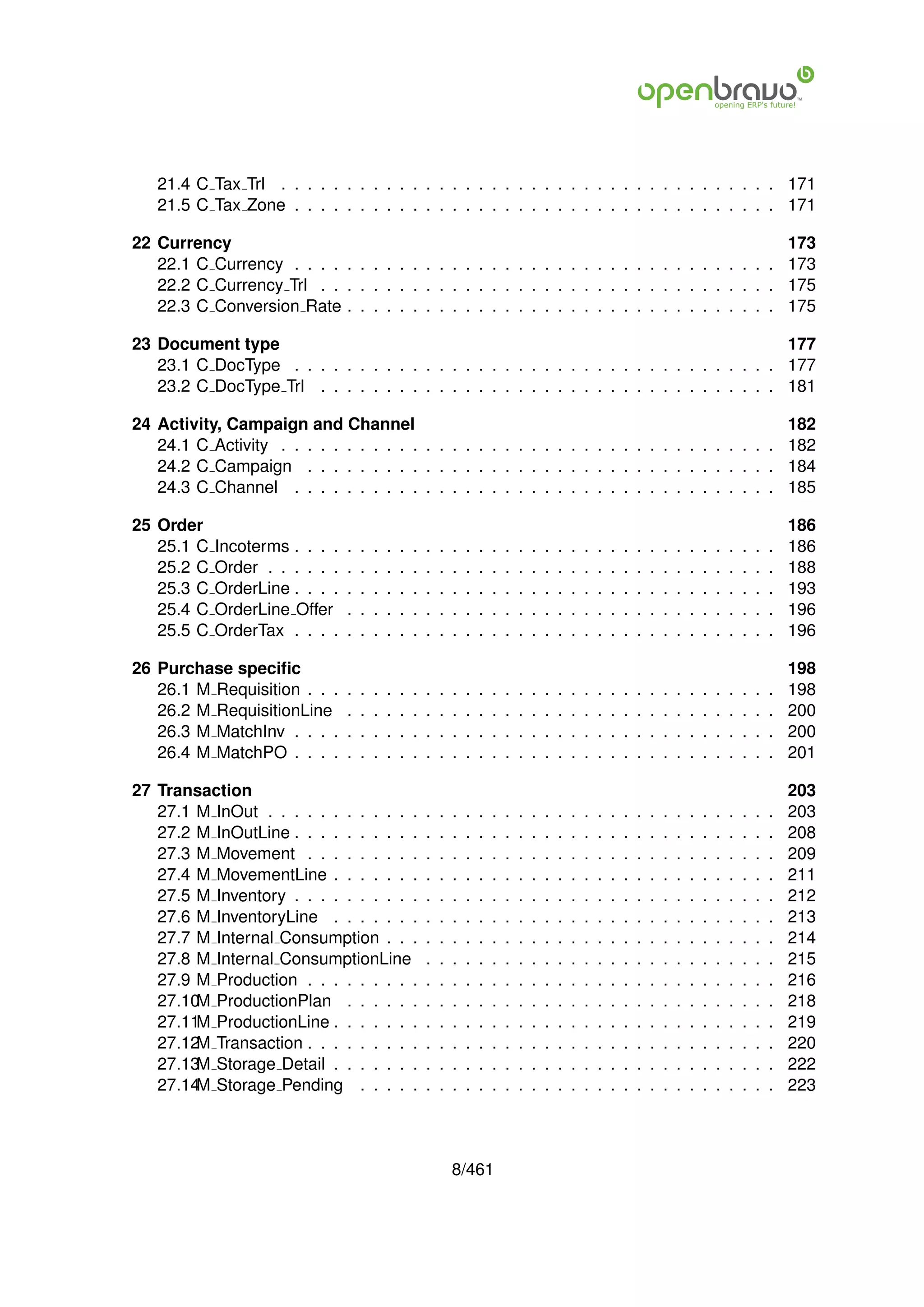 21.4 C Tax Trl . . . . . . . . . . . . . . . . . . . . . . . . . . . . . . . . . . . . . . 171
   21.5 C Tax Zone . . . . . . . . . . . . . . . . . . . . . . . . . . . . . . . . . . . . . 171

22 Currency                                                                                                                                                         173
   22.1 C Currency . . . . . . . . . . . . . . . . . . . . . . . . . . . . . . . . . . . . .                                                                        173
   22.2 C Currency Trl . . . . . . . . . . . . . . . . . . . . . . . . . . . . . . . . . . .                                                                        175
   22.3 C Conversion Rate . . . . . . . . . . . . . . . . . . . . . . . . . . . . . . . . .                                                                         175

23 Document type                                                                            177
   23.1 C DocType . . . . . . . . . . . . . . . . . . . . . . . . . . . . . . . . . . . . . 177
   23.2 C DocType Trl . . . . . . . . . . . . . . . . . . . . . . . . . . . . . . . . . . . 181

24 Activity, Campaign and Channel                                                                                                                                   182
   24.1 C Activity . . . . . . . . . . . . . . . . . . . . . . . . . . . . . . . . . . . . . .                                                                      182
   24.2 C Campaign . . . . . . . . . . . . . . . . . . . . . . . . . . . . . . . . . . . .                                                                          184
   24.3 C Channel . . . . . . . . . . . . . . . . . . . . . . . . . . . . . . . . . . . . .                                                                         185

25 Order                                                                                                                                                            186
   25.1 C   Incoterms . . . .   .   .   .   .   .   .   .   .   .   .   .   .   .   .   .   .   .   .   .   .   .   .   .   .   .   .   .   .   .   .   .   .   .   186
   25.2 C   Order . . . . . .   .   .   .   .   .   .   .   .   .   .   .   .   .   .   .   .   .   .   .   .   .   .   .   .   .   .   .   .   .   .   .   .   .   188
   25.3 C   OrderLine . . . .   .   .   .   .   .   .   .   .   .   .   .   .   .   .   .   .   .   .   .   .   .   .   .   .   .   .   .   .   .   .   .   .   .   193
   25.4 C   OrderLine Offer     .   .   .   .   .   .   .   .   .   .   .   .   .   .   .   .   .   .   .   .   .   .   .   .   .   .   .   .   .   .   .   .   .   196
   25.5 C   OrderTax . . . .    .   .   .   .   .   .   .   .   .   .   .   .   .   .   .   .   .   .   .   .   .   .   .   .   .   .   .   .   .   .   .   .   .   196

26 Purchase speciﬁc                                                                                                                                                 198
   26.1 M Requisition . . .     .   .   .   .   .   .   .   .   .   .   .   .   .   .   .   .   .   .   .   .   .   .   .   .   .   .   .   .   .   .   .   .   .   198
   26.2 M RequisitionLine       .   .   .   .   .   .   .   .   .   .   .   .   .   .   .   .   .   .   .   .   .   .   .   .   .   .   .   .   .   .   .   .   .   200
   26.3 M MatchInv . . . .      .   .   .   .   .   .   .   .   .   .   .   .   .   .   .   .   .   .   .   .   .   .   .   .   .   .   .   .   .   .   .   .   .   200
   26.4 M MatchPO . . . .       .   .   .   .   .   .   .   .   .   .   .   .   .   .   .   .   .   .   .   .   .   .   .   .   .   .   .   .   .   .   .   .   .   201

27 Transaction                                                                                                                                                      203
   27.1 M InOut . . . . . . . . . . . .                 .   .   .   .   .   .   .   .   .   .   .   .   .   .   .   .   .   .   .   .   .   .   .   .   .   .   .   203
   27.2 M InOutLine . . . . . . . . . .                 .   .   .   .   .   .   .   .   .   .   .   .   .   .   .   .   .   .   .   .   .   .   .   .   .   .   .   208
   27.3 M Movement . . . . . . . . .                    .   .   .   .   .   .   .   .   .   .   .   .   .   .   .   .   .   .   .   .   .   .   .   .   .   .   .   209
   27.4 M MovementLine . . . . . . .                    .   .   .   .   .   .   .   .   .   .   .   .   .   .   .   .   .   .   .   .   .   .   .   .   .   .   .   211
   27.5 M Inventory . . . . . . . . . .                 .   .   .   .   .   .   .   .   .   .   .   .   .   .   .   .   .   .   .   .   .   .   .   .   .   .   .   212
   27.6 M InventoryLine . . . . . . .                   .   .   .   .   .   .   .   .   .   .   .   .   .   .   .   .   .   .   .   .   .   .   .   .   .   .   .   213
   27.7 M Internal Consumption . . .                    .   .   .   .   .   .   .   .   .   .   .   .   .   .   .   .   .   .   .   .   .   .   .   .   .   .   .   214
   27.8 M Internal ConsumptionLine                      .   .   .   .   .   .   .   .   .   .   .   .   .   .   .   .   .   .   .   .   .   .   .   .   .   .   .   215
   27.9 M Production . . . . . . . . .                  .   .   .   .   .   .   .   .   .   .   .   .   .   .   .   .   .   .   .   .   .   .   .   .   .   .   .   216
   27.10 ProductionPlan . . . . . .
        M                                               .   .   .   .   .   .   .   .   .   .   .   .   .   .   .   .   .   .   .   .   .   .   .   .   .   .   .   218
   27.11 ProductionLine . . . . . . .
        M                                               .   .   .   .   .   .   .   .   .   .   .   .   .   .   .   .   .   .   .   .   .   .   .   .   .   .   .   219
   27.12 Transaction . . . . . . . . .
        M                                               .   .   .   .   .   .   .   .   .   .   .   .   .   .   .   .   .   .   .   .   .   .   .   .   .   .   .   220
   27.13 Storage Detail . . . . . . .
        M                                               .   .   .   .   .   .   .   .   .   .   .   .   .   .   .   .   .   .   .   .   .   .   .   .   .   .   .   222
   27.14 Storage Pending . . . . .
        M                                               .   .   .   .   .   .   .   .   .   .   .   .   .   .   .   .   .   .   .   .   .   .   .   .   .   .   .   223



                                                                8/461
 