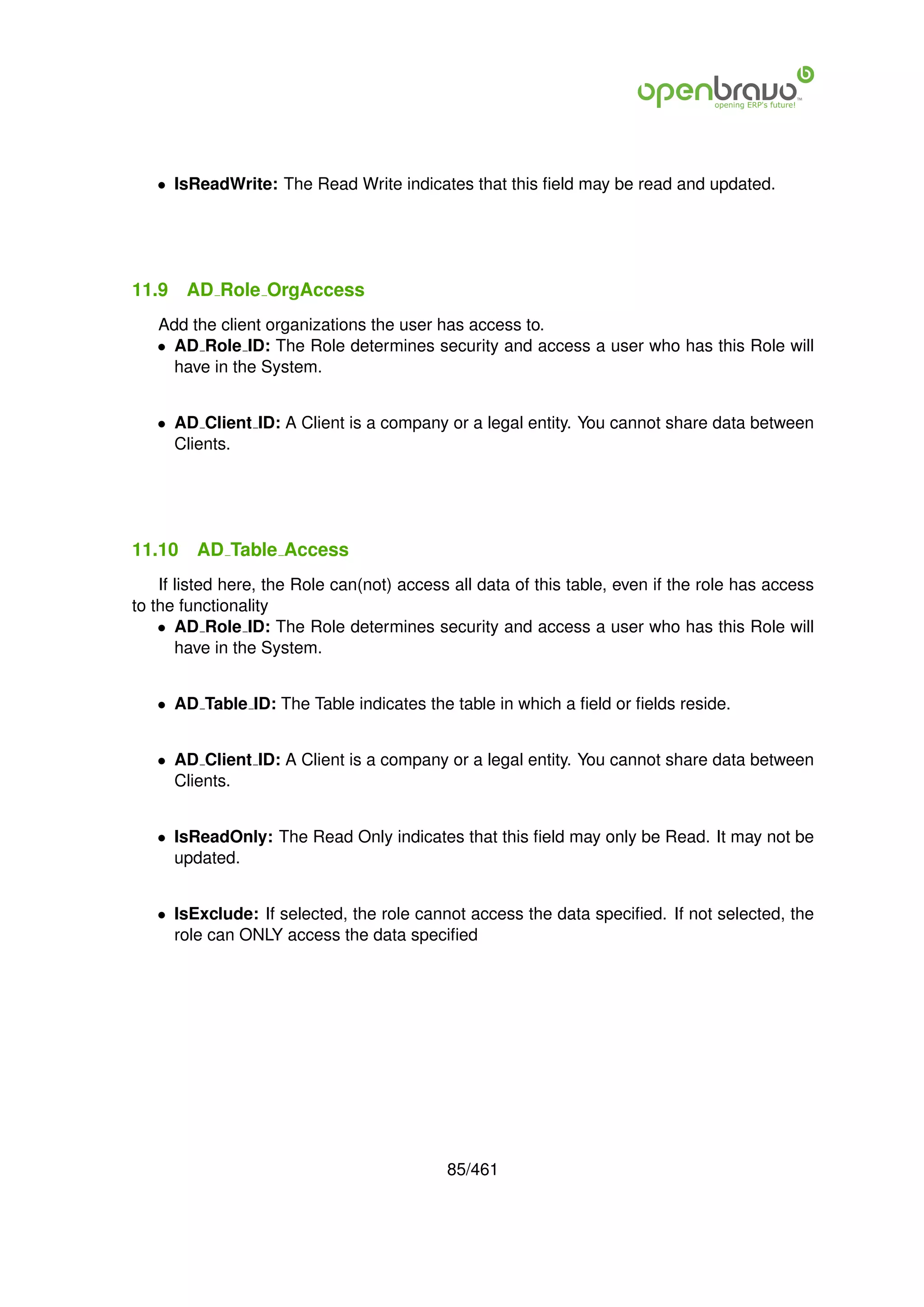 • IsReadWrite: The Read Write indicates that this ﬁeld may be read and updated.




11.9    AD Role OrgAccess
   Add the client organizations the user has access to.
   • AD Role ID: The Role determines security and access a user who has this Role will
     have in the System.


   • AD Client ID: A Client is a company or a legal entity. You cannot share data between
     Clients.




11.10    AD Table Access
    If listed here, the Role can(not) access all data of this table, even if the role has access
to the functionality
    • AD Role ID: The Role determines security and access a user who has this Role will
       have in the System.


   • AD Table ID: The Table indicates the table in which a ﬁeld or ﬁelds reside.


   • AD Client ID: A Client is a company or a legal entity. You cannot share data between
     Clients.


   • IsReadOnly: The Read Only indicates that this ﬁeld may only be Read. It may not be
     updated.


   • IsExclude: If selected, the role cannot access the data speciﬁed. If not selected, the
     role can ONLY access the data speciﬁed




                                            85/461
 