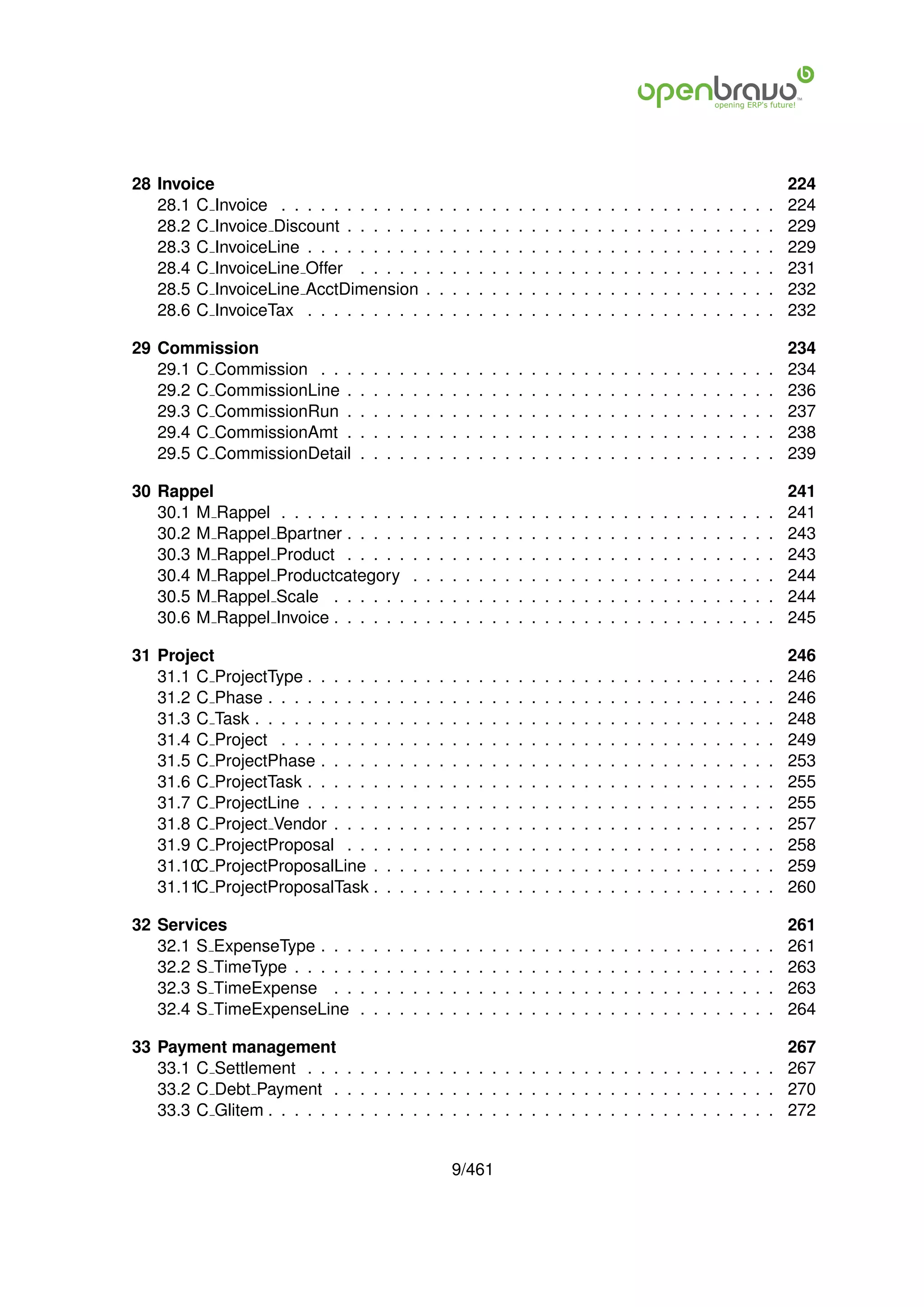 28 Invoice                                                                                                                                                        224
   28.1 C Invoice . . . . . . . . . . .               .   .   .   .   .   .   .   .   .   .   .   .   .   .   .   .   .   .   .   .   .   .   .   .   .   .   .   224
   28.2 C Invoice Discount . . . . . .                .   .   .   .   .   .   .   .   .   .   .   .   .   .   .   .   .   .   .   .   .   .   .   .   .   .   .   229
   28.3 C InvoiceLine . . . . . . . . .               .   .   .   .   .   .   .   .   .   .   .   .   .   .   .   .   .   .   .   .   .   .   .   .   .   .   .   229
   28.4 C InvoiceLine Offer . . . . .                 .   .   .   .   .   .   .   .   .   .   .   .   .   .   .   .   .   .   .   .   .   .   .   .   .   .   .   231
   28.5 C InvoiceLine AcctDimension                   .   .   .   .   .   .   .   .   .   .   .   .   .   .   .   .   .   .   .   .   .   .   .   .   .   .   .   232
   28.6 C InvoiceTax . . . . . . . . .                .   .   .   .   .   .   .   .   .   .   .   .   .   .   .   .   .   .   .   .   .   .   .   .   .   .   .   232

29 Commission                                                                                                                                                     234
   29.1 C Commission . . .        .   .   .   .   .   .   .   .   .   .   .   .   .   .   .   .   .   .   .   .   .   .   .   .   .   .   .   .   .   .   .   .   234
   29.2 C CommissionLine .        .   .   .   .   .   .   .   .   .   .   .   .   .   .   .   .   .   .   .   .   .   .   .   .   .   .   .   .   .   .   .   .   236
   29.3 C CommissionRun .         .   .   .   .   .   .   .   .   .   .   .   .   .   .   .   .   .   .   .   .   .   .   .   .   .   .   .   .   .   .   .   .   237
   29.4 C CommissionAmt .         .   .   .   .   .   .   .   .   .   .   .   .   .   .   .   .   .   .   .   .   .   .   .   .   .   .   .   .   .   .   .   .   238
   29.5 C CommissionDetail        .   .   .   .   .   .   .   .   .   .   .   .   .   .   .   .   .   .   .   .   .   .   .   .   .   .   .   .   .   .   .   .   239

30 Rappel                                                                                                                                                         241
   30.1 M Rappel      . . . . . . . . . .         .   .   .   .   .   .   .   .   .   .   .   .   .   .   .   .   .   .   .   .   .   .   .   .   .   .   .   .   241
   30.2 M Rappel     Bpartner . . . . .           .   .   .   .   .   .   .   .   .   .   .   .   .   .   .   .   .   .   .   .   .   .   .   .   .   .   .   .   243
   30.3 M Rappel     Product . . . . .            .   .   .   .   .   .   .   .   .   .   .   .   .   .   .   .   .   .   .   .   .   .   .   .   .   .   .   .   243
   30.4 M Rappel     Productcategory              .   .   .   .   .   .   .   .   .   .   .   .   .   .   .   .   .   .   .   .   .   .   .   .   .   .   .   .   244
   30.5 M Rappel     Scale . . . . . .            .   .   .   .   .   .   .   .   .   .   .   .   .   .   .   .   .   .   .   .   .   .   .   .   .   .   .   .   244
   30.6 M Rappel     Invoice . . . . . .          .   .   .   .   .   .   .   .   .   .   .   .   .   .   .   .   .   .   .   .   .   .   .   .   .   .   .   .   245

31 Project                                                                                                                                                        246
   31.1 C ProjectType . . . . . .         .   .   .   .   .   .   .   .   .   .   .   .   .   .   .   .   .   .   .   .   .   .   .   .   .   .   .   .   .   .   246
   31.2 C Phase . . . . . . . . .         .   .   .   .   .   .   .   .   .   .   .   .   .   .   .   .   .   .   .   .   .   .   .   .   .   .   .   .   .   .   246
   31.3 C Task . . . . . . . . . .        .   .   .   .   .   .   .   .   .   .   .   .   .   .   .   .   .   .   .   .   .   .   .   .   .   .   .   .   .   .   248
   31.4 C Project . . . . . . . .         .   .   .   .   .   .   .   .   .   .   .   .   .   .   .   .   .   .   .   .   .   .   .   .   .   .   .   .   .   .   249
   31.5 C ProjectPhase . . . . .          .   .   .   .   .   .   .   .   .   .   .   .   .   .   .   .   .   .   .   .   .   .   .   .   .   .   .   .   .   .   253
   31.6 C ProjectTask . . . . . .         .   .   .   .   .   .   .   .   .   .   .   .   .   .   .   .   .   .   .   .   .   .   .   .   .   .   .   .   .   .   255
   31.7 C ProjectLine . . . . . .         .   .   .   .   .   .   .   .   .   .   .   .   .   .   .   .   .   .   .   .   .   .   .   .   .   .   .   .   .   .   255
   31.8 C Project Vendor . . . .          .   .   .   .   .   .   .   .   .   .   .   .   .   .   .   .   .   .   .   .   .   .   .   .   .   .   .   .   .   .   257
   31.9 C ProjectProposal . . .           .   .   .   .   .   .   .   .   .   .   .   .   .   .   .   .   .   .   .   .   .   .   .   .   .   .   .   .   .   .   258
   31.10 ProjectProposalLine .
        C                                 .   .   .   .   .   .   .   .   .   .   .   .   .   .   .   .   .   .   .   .   .   .   .   .   .   .   .   .   .   .   259
   31.11 ProjectProposalTask .
        C                                 .   .   .   .   .   .   .   .   .   .   .   .   .   .   .   .   .   .   .   .   .   .   .   .   .   .   .   .   .   .   260

32 Services                                                                                                                                                       261
   32.1 S ExpenseType . . .       .   .   .   .   .   .   .   .   .   .   .   .   .   .   .   .   .   .   .   .   .   .   .   .   .   .   .   .   .   .   .   .   261
   32.2 S TimeType . . . . .      .   .   .   .   .   .   .   .   .   .   .   .   .   .   .   .   .   .   .   .   .   .   .   .   .   .   .   .   .   .   .   .   263
   32.3 S TimeExpense . .         .   .   .   .   .   .   .   .   .   .   .   .   .   .   .   .   .   .   .   .   .   .   .   .   .   .   .   .   .   .   .   .   263
   32.4 S TimeExpenseLine         .   .   .   .   .   .   .   .   .   .   .   .   .   .   .   .   .   .   .   .   .   .   .   .   .   .   .   .   .   .   .   .   264

33 Payment management                                                                                                                                             267
   33.1 C Settlement . . . . . . . . . . . . . . . . . . . . . . . . . . . . . . . . . . . .                                                                      267
   33.2 C Debt Payment . . . . . . . . . . . . . . . . . . . . . . . . . . . . . . . . . .                                                                        270
   33.3 C Glitem . . . . . . . . . . . . . . . . . . . . . . . . . . . . . . . . . . . . . . .                                                                    272


                                                              9/461
 