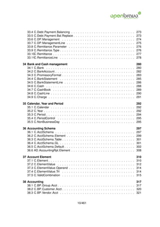 33.4 C   Debt Payment Balancing .               .   .   .   .   .   .   .   .   .   .   .   .   .   .   .   .   .   .   .   .   .   .   .   .   .   .   .   273
   33.5 C   Debt Payment Bal Replace               .   .   .   .   .   .   .   .   .   .   .   .   .   .   .   .   .   .   .   .   .   .   .   .   .   .   .   273
   33.6 C   DP Management . . . . .                .   .   .   .   .   .   .   .   .   .   .   .   .   .   .   .   .   .   .   .   .   .   .   .   .   .   .   274
   33.7 C   DP ManagementLine . . .                .   .   .   .   .   .   .   .   .   .   .   .   .   .   .   .   .   .   .   .   .   .   .   .   .   .   .   275
   33.8 C   Remittance Parameter . .               .   .   .   .   .   .   .   .   .   .   .   .   .   .   .   .   .   .   .   .   .   .   .   .   .   .   .   276
   33.9 C   Remittance Type . . . . . .            .   .   .   .   .   .   .   .   .   .   .   .   .   .   .   .   .   .   .   .   .   .   .   .   .   .   .   276
   33.10C   Remittance . . . . . . . . .           .   .   .   .   .   .   .   .   .   .   .   .   .   .   .   .   .   .   .   .   .   .   .   .   .   .   .   277
   33.11C   RemittanceLine . . . . . .             .   .   .   .   .   .   .   .   .   .   .   .   .   .   .   .   .   .   .   .   .   .   .   .   .   .   .   278

34 Bank and Cash management                                                                                                                                    280
   34.1 C Bank . . . . . . . . . .         .   .   .   .   .   .   .   .   .   .   .   .   .   .   .   .   .   .   .   .   .   .   .   .   .   .   .   .   .   280
   34.2 C BankAccount . . . . . .          .   .   .   .   .   .   .   .   .   .   .   .   .   .   .   .   .   .   .   .   .   .   .   .   .   .   .   .   .   282
   34.3 C PromissoryFormat . . .           .   .   .   .   .   .   .   .   .   .   .   .   .   .   .   .   .   .   .   .   .   .   .   .   .   .   .   .   .   283
   34.4 C BankStatement . . . .            .   .   .   .   .   .   .   .   .   .   .   .   .   .   .   .   .   .   .   .   .   .   .   .   .   .   .   .   .   285
   34.5 C BankStatementLine . .            .   .   .   .   .   .   .   .   .   .   .   .   .   .   .   .   .   .   .   .   .   .   .   .   .   .   .   .   .   286
   34.6 C Cash . . . . . . . . . .         .   .   .   .   .   .   .   .   .   .   .   .   .   .   .   .   .   .   .   .   .   .   .   .   .   .   .   .   .   288
   34.7 C CashBook . . . . . . .           .   .   .   .   .   .   .   .   .   .   .   .   .   .   .   .   .   .   .   .   .   .   .   .   .   .   .   .   .   289
   34.8 C CashLine . . . . . . . .         .   .   .   .   .   .   .   .   .   .   .   .   .   .   .   .   .   .   .   .   .   .   .   .   .   .   .   .   .   290
   34.9 C Charge . . . . . . . . .         .   .   .   .   .   .   .   .   .   .   .   .   .   .   .   .   .   .   .   .   .   .   .   .   .   .   .   .   .   291

35 Calendar, Year and Period                                                                                                                                   292
   35.1 C Calendar . . . . . .     .   .   .   .   .   .   .   .   .   .   .   .   .   .   .   .   .   .   .   .   .   .   .   .   .   .   .   .   .   .   .   292
   35.2 C Year . . . . . . . . .   .   .   .   .   .   .   .   .   .   .   .   .   .   .   .   .   .   .   .   .   .   .   .   .   .   .   .   .   .   .   .   292
   35.3 C Period . . . . . . . .   .   .   .   .   .   .   .   .   .   .   .   .   .   .   .   .   .   .   .   .   .   .   .   .   .   .   .   .   .   .   .   294
   35.4 C PeriodControl . . .      .   .   .   .   .   .   .   .   .   .   .   .   .   .   .   .   .   .   .   .   .   .   .   .   .   .   .   .   .   .   .   295
   35.5 C NonBusinessDay .         .   .   .   .   .   .   .   .   .   .   .   .   .   .   .   .   .   .   .   .   .   .   .   .   .   .   .   .   .   .   .   295

36 Accounting Schema                                                                                                                                           297
   36.1 C AcctSchema . . . . . . .             .   .   .   .   .   .   .   .   .   .   .   .   .   .   .   .   .   .   .   .   .   .   .   .   .   .   .   .   297
   36.2 C AcctSchema Element . .               .   .   .   .   .   .   .   .   .   .   .   .   .   .   .   .   .   .   .   .   .   .   .   .   .   .   .   .   299
   36.3 C AcctSchema Table . . . .             .   .   .   .   .   .   .   .   .   .   .   .   .   .   .   .   .   .   .   .   .   .   .   .   .   .   .   .   301
   36.4 C AcctSchema GL . . . . .              .   .   .   .   .   .   .   .   .   .   .   .   .   .   .   .   .   .   .   .   .   .   .   .   .   .   .   .   301
   36.5 C AcctSchema Default . . .             .   .   .   .   .   .   .   .   .   .   .   .   .   .   .   .   .   .   .   .   .   .   .   .   .   .   .   .   302
   36.6 AD AccountingRpt Element               .   .   .   .   .   .   .   .   .   .   .   .   .   .   .   .   .   .   .   .   .   .   .   .   .   .   .   .   308

37 Account Element                                                                                                                                             310
   37.1 C Element . . . . . . . . .        .   .   .   .   .   .   .   .   .   .   .   .   .   .   .   .   .   .   .   .   .   .   .   .   .   .   .   .   .   310
   37.2 C ElementValue . . . . .           .   .   .   .   .   .   .   .   .   .   .   .   .   .   .   .   .   .   .   .   .   .   .   .   .   .   .   .   .   312
   37.3 C ElementValue Operand             .   .   .   .   .   .   .   .   .   .   .   .   .   .   .   .   .   .   .   .   .   .   .   .   .   .   .   .   .   314
   37.4 C ElementValue Trl . . .           .   .   .   .   .   .   .   .   .   .   .   .   .   .   .   .   .   .   .   .   .   .   .   .   .   .   .   .   .   314
   37.5 C ValidCombination . . .           .   .   .   .   .   .   .   .   .   .   .   .   .   .   .   .   .   .   .   .   .   .   .   .   .   .   .   .   .   315

38 Accounting                                                                               317
   38.1 C BP Group Acct . . . . . . . . . . . . . . . . . . . . . . . . . . . . . . . . . . 317
   38.2 C BP Customer Acct . . . . . . . . . . . . . . . . . . . . . . . . . . . . . . . . 320
   38.3 C BP Vendor Acct . . . . . . . . . . . . . . . . . . . . . . . . . . . . . . . . . 321


                                                           10/461
 