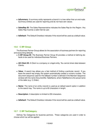 • IsSummary: A summary entity represents a branch in a tree rather than an end-node.
     Summary entities are used for reporting and do not have own values.


   • SalesRep ID: The Sales Representative indicates the Sales Rep for this Region. Any
     Sales Rep must be a valid internal user.


   • IsDefault: The Default Checkbox indicates if this record will be used as a default value.




15.6   C BP Group
   The Business Partner Group allows for the association of business partners for reporting
and accounting defaults.
   • C BP Group ID: The Business Partner Group ID provides a method of deﬁning de-
     faults to be used for individual Business Partners.


   • AD Client ID: A Client is a company or a legal entity. You cannot share data between
     Clients.


   • Value: A search key allows you a fast method of ﬁnding a particular record. If you
     leave the search key empty, the system automatically creates a numeric number. The
     document sequence used for this fallback number is deﬁned in the Maintain Sequence
     window with the name DocumentNo TableName, where TableName is the actual name
     of the table (e.g. C Order).


   • Name: The name of an entity (record) is used as an default search option in addition
     to the search key. The name is up to 60 characters in lenght.


   • Description: A description is limited to 255 characters.


   • IsDefault: The Default Checkbox indicates if this record will be used as a default value.




15.7   C BP TaxCategory
   Deﬁnes Tax Categories for bussines partners. These categories are used in order to
choose which tax will be applied.


                                          118/461
 