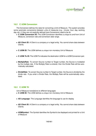 18.2   C UOM Conversion
   The Conversion deﬁnes the rates for converting a Unit of Measure. The system provides
some automatic conversions between units of measures (e.g. minute, hour, day, working
day, etc.) if they are not explicitly deﬁned here.Conversions need to be dir
   • C UOM Conversion ID: The UOM Conversion identiﬁes a unique to and from Unit of
      Measure, conversion rate and conversion date range.


   • AD Client ID: A Client is a company or a legal entity. You cannot share data between
     Clients.


   • C UOM ID: The UOM deﬁnes a unique non monetary Unit of Measure


   • C UOM To ID: The UOM To indicates the destination UOM for a UOM Conversion pair.


   • MultiplyRate: To convert Source number to Target number, the Source is multiplied
     by the multiply rate. If the Multiply Rate is entered, then the Divide Rate will be auto-
     matically calculated.


   • DivideRate: To convert Source number to Target number, the Source is divided by the
     divide rate. If you enter a Divide Rate, the Multiply Rate will be automatically calcu-
     lated.




18.3   C UOM Trl
   Unit of Measure translations to different languages
   • C UOM ID: The UOM deﬁnes a unique non monetary Unit of Measure


   • AD Language: The Language identiﬁes the language to use for display


   • AD Client ID: A Client is a company or a legal entity. You cannot share data between
     Clients.


   • UOMSymbol: The Symbol identiﬁes the Symbol to be displayed and printed for a Unit
     of Measure


                                          148/461
 