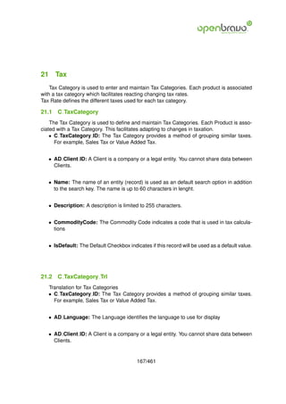 21 Tax
    Tax Category is used to enter and maintain Tax Categories. Each product is associated
with a tax category which facilitates reacting changing tax rates.
Tax Rate deﬁnes the different taxes used for each tax category.

21.1   C TaxCategory
    The Tax Category is used to deﬁne and maintain Tax Categories. Each Product is asso-
ciated with a Tax Category. This facilitates adapting to changes in taxation.
    • C TaxCategory ID: The Tax Category provides a method of grouping similar taxes.
      For example, Sales Tax or Value Added Tax.


   • AD Client ID: A Client is a company or a legal entity. You cannot share data between
     Clients.


   • Name: The name of an entity (record) is used as an default search option in addition
     to the search key. The name is up to 60 characters in lenght.


   • Description: A description is limited to 255 characters.


   • CommodityCode: The Commodity Code indicates a code that is used in tax calcula-
     tions


   • IsDefault: The Default Checkbox indicates if this record will be used as a default value.




21.2   C TaxCategory Trl
   Translation for Tax Categories
   • C TaxCategory ID: The Tax Category provides a method of grouping similar taxes.
     For example, Sales Tax or Value Added Tax.


   • AD Language: The Language identiﬁes the language to use for display


   • AD Client ID: A Client is a company or a legal entity. You cannot share data between
     Clients.


                                          167/461
 