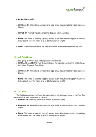 • Ad Auxiliarinput Id:


   • AD Client ID: A Client is a company or a legal entity. You cannot share data between
     Clients.


   • AD Tab ID: The Tab indicates a tab that displays within a window.


   • Name: The name of an entity (record) is used as an default search option in addition
     to the search key. The name is up to 60 characters in lenght.


   • Code: The Validation Code is the code that will be executed to determine the rule.




1.5   AD FieldGroup
   A ﬁeld group is deﬁned as a ﬁelds agrupation inside a tab.
   • AD FieldGroup ID: The Field Group indicates the logical group that this ﬁeld belongs
     to (History, Amounts, Quantities)


   • AD Client ID: A Client is a company or a legal entity. You cannot share data between
     Clients.


   • Name: The name of an entity (record) is used as an default search option in addition
     to the search key. The name is up to 60 characters in lenght.




1.6   AD Field
   The Field table deﬁnes the Fields displayed within a tab. Changes made to the Field Tab
become visible after restart due to caching
   • AD Field ID: The Field identiﬁes a ﬁeld on a database table.


   • AD Client ID: A Client is a company or a legal entity. You cannot share data between
     Clients.


   • Name: The name of an entity (record) is used as an default search option in addition
     to the search key. The name is up to 60 characters in lenght.


                                         20/461
 