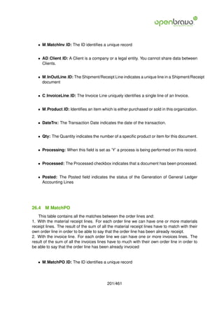 • M MatchInv ID: The ID identiﬁes a unique record


   • AD Client ID: A Client is a company or a legal entity. You cannot share data between
     Clients.


   • M InOutLine ID: The Shipment/Receipt Line indicates a unique line in a Shipment/Receipt
     document


   • C InvoiceLine ID: The Invoice Line uniquely identiﬁes a single line of an Invoice.


   • M Product ID: Identiﬁes an item which is either purchased or sold in this organization.


   • DateTrx: The Transaction Date indicates the date of the transaction.


   • Qty: The Quantity indicates the number of a speciﬁc product or item for this document.


   • Processing: When this ﬁeld is set as ’Y’ a process is being performed on this record.


   • Processed: The Processed checkbox indicates that a document has been processed.


   • Posted: The Posted ﬁeld indicates the status of the Generation of General Ledger
     Accounting Lines




26.4   M MatchPO
   This table contains all the matches between the order lines and:
1. With the material receipt lines. For each order line we can have one or more materials
receipt lines. The result of the sum of all the material receipt lines have to match with their
own order line in order to be able to say that the order line has been already receipt.
2. With the invoice line. For each order line we can have one or more invoices lines. The
result of the sum of all the invoices lines have to much with their own order line in order to
be able to say that the order line has been already invoiced


   • M MatchPO ID: The ID identiﬁes a unique record




                                           201/461
 