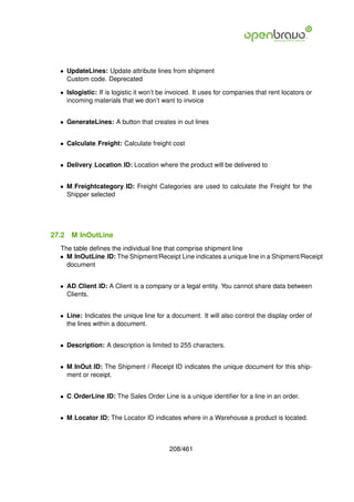 • UpdateLines: Update attribute lines from shipment
    Custom code. Deprecated

  • Islogistic: If is logistic it won’t be invoiced. It uses for companies that rent locators or
    incoming materials that we don’t want to invoice


  • GenerateLines: A button that creates in out lines


  • Calculate Freight: Calculate freight cost


  • Delivery Location ID: Location where the product will be delivered to


  • M Freightcategory ID: Freight Categories are used to calculate the Freight for the
    Shipper selected




27.2   M InOutLine
  The table deﬁnes the individual line that comprise shipment line
  • M InOutLine ID: The Shipment/Receipt Line indicates a unique line in a Shipment/Receipt
    document


  • AD Client ID: A Client is a company or a legal entity. You cannot share data between
    Clients.


  • Line: Indicates the unique line for a document. It will also control the display order of
    the lines within a document.


  • Description: A description is limited to 255 characters.


  • M InOut ID: The Shipment / Receipt ID indicates the unique document for this ship-
    ment or receipt.


  • C OrderLine ID: The Sales Order Line is a unique identiﬁer for a line in an order.


  • M Locator ID: The Locator ID indicates where in a Warehouse a product is located.



                                          208/461
 