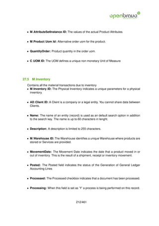 • M AttributeSetInstance ID: The values of the actual Product Attributes


  • M Product Uom Id: Alternative order uom for the product.


  • QuantityOrder: Product quantity in the order uom.


  • C UOM ID: The UOM deﬁnes a unique non monetary Unit of Measure




27.5   M Inventory
  Contains all the material transactions due to inventory
  • M Inventory ID: The Physical Inventory indicates a unique parameters for a physical
    inventory.


  • AD Client ID: A Client is a company or a legal entity. You cannot share data between
    Clients.


  • Name: The name of an entity (record) is used as an default search option in addition
    to the search key. The name is up to 60 characters in lenght.


  • Description: A description is limited to 255 characters.


  • M Warehouse ID: The Warehouse identiﬁes a unique Warehouse where products are
    stored or Services are provided.


  • MovementDate: The Movement Date indicates the date that a product moved in or
    out of inventory. This is the result of a shipment, receipt or inventory movement.


  • Posted: The Posted ﬁeld indicates the status of the Generation of General Ledger
    Accounting Lines


  • Processed: The Processed checkbox indicates that a document has been processed.


  • Processing: When this ﬁeld is set as ’Y’ a process is being performed on this record.



                                        212/461
 