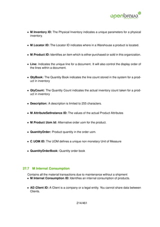 • M Inventory ID: The Physical Inventory indicates a unique parameters for a physical
    inventory.


  • M Locator ID: The Locator ID indicates where in a Warehouse a product is located.


  • M Product ID: Identiﬁes an item which is either purchased or sold in this organization.


  • Line: Indicates the unique line for a document. It will also control the display order of
    the lines within a document.


  • QtyBook: The Quantity Book indicates the line count stored in the system for a prod-
    uct in inventory


  • QtyCount: The Quantity Count indicates the actual inventory count taken for a prod-
    uct in inventory


  • Description: A description is limited to 255 characters.


  • M AttributeSetInstance ID: The values of the actual Product Attributes


  • M Product Uom Id: Alternative order uom for the product.


  • QuantityOrder: Product quantity in the order uom.


  • C UOM ID: The UOM deﬁnes a unique non monetary Unit of Measure


  • QuantityOrderBook: Quantity order book




27.7   M Internal Consumption
  Contains all the material transactions due to maintenance without a shipment
  • M Internal Consumption ID: Identiﬁes an internal consumption of products.


  • AD Client ID: A Client is a company or a legal entity. You cannot share data between
    Clients.


                                         214/461
 