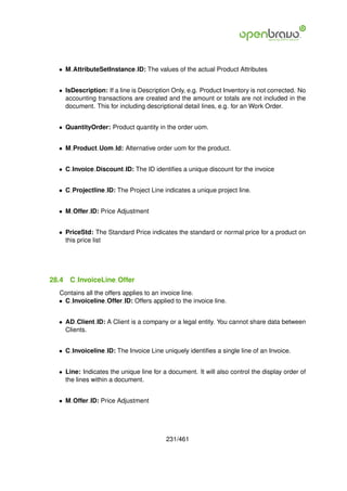 • M AttributeSetInstance ID: The values of the actual Product Attributes


  • IsDescription: If a line is Description Only, e.g. Product Inventory is not corrected. No
    accounting transactions are created and the amount or totals are not included in the
    document. This for including descriptional detail lines, e.g. for an Work Order.


  • QuantityOrder: Product quantity in the order uom.


  • M Product Uom Id: Alternative order uom for the product.


  • C Invoice Discount ID: The ID identiﬁes a unique discount for the invoice


  • C Projectline ID: The Project Line indicates a unique project line.


  • M Offer ID: Price Adjustment


  • PriceStd: The Standard Price indicates the standard or normal price for a product on
    this price list




28.4   C InvoiceLine Offer
  Contains all the offers applies to an invoice line.
  • C Invoiceline Offer ID: Offers applied to the invoice line.


  • AD Client ID: A Client is a company or a legal entity. You cannot share data between
    Clients.


  • C Invoiceline ID: The Invoice Line uniquely identiﬁes a single line of an Invoice.


  • Line: Indicates the unique line for a document. It will also control the display order of
    the lines within a document.


  • M Offer ID: Price Adjustment




                                         231/461
 