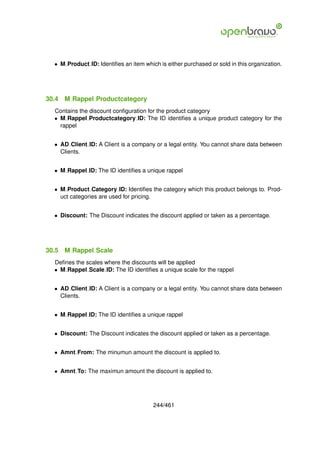 • M Product ID: Identiﬁes an item which is either purchased or sold in this organization.




30.4   M Rappel Productcategory
  Contains the discount conﬁguration for the product category
  • M Rappel Productcategory ID: The ID identiﬁes a unique product category for the
    rappel


  • AD Client ID: A Client is a company or a legal entity. You cannot share data between
    Clients.


  • M Rappel ID: The ID identiﬁes a unique rappel


  • M Product Category ID: Identiﬁes the category which this product belongs to. Prod-
    uct categories are used for pricing.


  • Discount: The Discount indicates the discount applied or taken as a percentage.




30.5   M Rappel Scale
  Deﬁnes the scales where the discounts will be applied
  • M Rappel Scale ID: The ID identiﬁes a unique scale for the rappel


  • AD Client ID: A Client is a company or a legal entity. You cannot share data between
    Clients.


  • M Rappel ID: The ID identiﬁes a unique rappel


  • Discount: The Discount indicates the discount applied or taken as a percentage.


  • Amnt From: The minumun amount the discount is applied to.


  • Amnt To: The maximun amount the discount is applied to.




                                        244/461
 