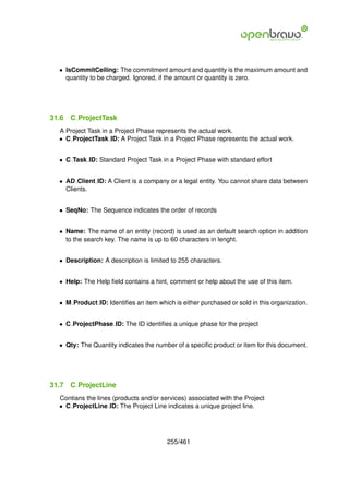 • IsCommitCeiling: The commitment amount and quantity is the maximum amount and
    quantity to be charged. Ignored, if the amount or quantity is zero.




31.6   C ProjectTask
  A Project Task in a Project Phase represents the actual work.
  • C ProjectTask ID: A Project Task in a Project Phase represents the actual work.


  • C Task ID: Standard Project Task in a Project Phase with standard effort


  • AD Client ID: A Client is a company or a legal entity. You cannot share data between
    Clients.


  • SeqNo: The Sequence indicates the order of records


  • Name: The name of an entity (record) is used as an default search option in addition
    to the search key. The name is up to 60 characters in lenght.


  • Description: A description is limited to 255 characters.


  • Help: The Help ﬁeld contains a hint, comment or help about the use of this item.


  • M Product ID: Identiﬁes an item which is either purchased or sold in this organization.


  • C ProjectPhase ID: The ID identiﬁes a unique phase for the project


  • Qty: The Quantity indicates the number of a speciﬁc product or item for this document.




31.7   C ProjectLine
  Contians the lines (products and/or services) associated with the Project
  • C ProjectLine ID: The Project Line indicates a unique project line.




                                        255/461
 