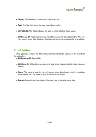• Seqno: The Sequence indicates the order of records


   • Text: The Text ﬁeld stores the user entered information.


   • AD Table ID: The Table indicates the table in which a ﬁeld or ﬁelds reside.


   • AD Record ID: Record contains the key of the record the ﬁle is attached to. This key
     may belong to any table that’s why this column is generic and not speciﬁc for any table.




2.7   AD DataType
    Data type table contains the different types of ﬁles that can be attached to the records of
the application.
   • AD Datatype ID: Type of ﬁle


   • AD Client ID: A Client is a company or a legal entity. You cannot share data between
     Clients.


   • Name: The name of an entity (record) is used as an default search option in addition
     to the search key. The name is up to 60 characters in lenght.


   • Format: Format is the description of the data type for the attachable ﬁles.




                                           31/461
 