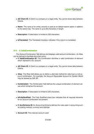 • AD Client ID: A Client is a company or a legal entity. You cannot share data between
     Clients.


   • Name: The name of an entity (record) is used as an default search option in addition
     to the search key. The name is up to 60 characters in lenght.


   • Description: A description is limited to 255 characters.


   • IsTranslated: The Translated checkbox indicates if this column is translated.




37.5   C ValidCombination
   The Account Combination Tab deﬁnes and displays valid account combination. An Alias
can be deﬁned to facilitate document entry.
   • C ValidCombination ID: The Combination identiﬁes a valid combination of element
     which represent a GL account.


   • AD Client ID: A Client is a company or a legal entity. You cannot share data between
     Clients.


   • Alias: The Alias ﬁeld allows you to deﬁne a alternate method for referring to a full ac-
     count combination. For example, the Account Receivable Account for Garden World
     may be aliased as GW AR.


   • Combination: The Combination ﬁeld deﬁnes the unique combination of element val-
     ues which comprise this account.


   • Description: A description is limited to 255 characters.


   • IsFullyQualiﬁed: The Fully Qualiﬁed check box indicates that all required elements
     for an account combination are present.


   • C AcctSchema ID: An Accounting Schema deﬁnes the rules used in accounting such
     as costing method, currency and calendar


   • Account ID: The (natural) account used


                                          315/461
 