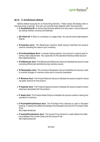 38.16   C AcctSchema Default
   Deﬁnes default accounts for an Accounting Schema. These values will display when a
new document is opened. The user can override these defaults within the document.
   • C AcctSchema ID: An Accounting Schema deﬁnes the rules used in accounting such
     as costing method, currency and calendar


   • AD Client ID: A Client is a company or a legal entity. You cannot share data between
     Clients.


   • W Inventory Acct: The Warehouse Inventory Asset Account identiﬁes the account
     used for recording the value of your inventory.


   • W InvActualAdjust Acct: In actual costing systems, this account is used to post In-
     ventory value adjustments. You could set it to the standard Inventory Asset account.
     Not implemented yet

   • W Differences Acct: The Warehouse Differences Account indicates the account used
     recording differences identiﬁed during inventory counts.


   • W Revaluation Acct: The Inventory Revaluation Account identiﬁes the account used
     to records changes in inventory value due to currency revaluation.


   • P Revenue Acct: The Product Revenue Account indicates the account used for record-
     ing sales revenue for this product.


   • P Expense Acct: The Product Expense Account indicates the account used to record
     expenses associated with this product.


   • P Asset Acct: The Product Asset Account indicates the account used for valuing this
     a product in inventory.


   • P PurchasePriceVariance Acct: The Purchase Price Variance is used in Standard
     Costing. It reﬂects the difference between the Standard Cost and the Purchase Order
     Price.
     Not implemented yet

   • P InvoicePriceVariance Acct: The Invoice Price Variance is used reﬂects the differ-
     ence between the current Costs and the Invoice Price.
     Not implemented yet



                                        331/461
 