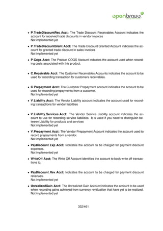 • P TradeDiscountRec Acct: The Trade Discount Receivables Account indicates the
  account for received trade discounts in vendor invoices
  Not implemented yet

• P TradeDiscountGrant Acct: The Trade Discount Granted Account indicates the ac-
  count for granted trade discount in sales invoices
  Not implemented yet

• P Cogs Acct: The Product COGS Account indicates the account used when record-
  ing costs associated with this product.


• C Receivable Acct: The Customer Receivables Accounts indicates the account to be
  used for recording transaction for customers receivables.


• C Prepayment Acct: The Customer Prepayment account indicates the account to be
  used for recording prepayments from a customer.
  Not implemented yet

• V Liability Acct: The Vendor Liability account indicates the account used for record-
  ing transactions for vendor liabilities


• V Liability Services Acct: The Vendor Service Liability account indicates the ac-
  count to use for recording service liabilities. It is used if you need to distinguish be-
  tween Liability for products and services
  Not implemented yet

• V Prepayment Acct: The Vendor Prepayment Account indicates the account used to
  record prepayments from a vendor.
  Not implemented yet

• PayDiscount Exp Acct: Indicates the account to be charged for payment discount
  expenses.
  Not implemented yet

• WriteOff Acct: The Write Off Account identiﬁes the account to book write off transac-
  tions to.


• PayDiscount Rev Acct: Indicates the account to be charged for payment discount
  revenues.
  Not implemented yet

• UnrealizedGain Acct: The Unrealized Gain Account indicates the account to be used
  when recording gains achieved from currency revaluation that have yet to be realized.
  Not implemented yet



                                       332/461
 
