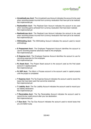 • UnrealizedLoss Acct: The Unrealized Loss Account indicates the account to be used
  when recording losses incurred from currency revaluation that have yet to be realized.
  Not implemented yet

• RealizedGain Acct: The Realized Gain Account indicates the account to be used
  when recording gains achieved from currency revaluation that have been realized.
  Not implemented yet

• RealizedLoss Acct: The Realized Loss Account indicates the account to be used
  when recording losses incurred from currency revaluation that have yet to be realized.
  Not implemented yet

• Withholding Acct: The Withholding Account indicates the account used to record
  withholdings.


• E Prepayment Acct: The Employee Prepayment Account identiﬁes the account to
  use for recording expense advances made to this employee.
  Not implemented yet

• E Expense Acct: The Employee Expense Account identiﬁes the account to use for
  recording expenses for this employee.
  Not implemented yet

• PJ Asset Acct: The Project Asset account is the account used as the ﬁnal asset
  account in capital projects
  Not implemented yet

• PJ WIP Acct: The Work in Process account is the account used in capital projects
  until the project is completed


• T Expense Acct: The Tax Expense Account indicates the account used to record the
  taxes that have been paid that cannot be reclaimed.
  Not implemented yet

• T Liability Acct: The Tax Liability Account indicates the account used to record your
  tax liability declaration.
  Not implemented yet

• T Receivables Acct: The Tax Receivables Account indicates the account used to
  record the tax credit amount after your tax declaration.
  Not implemented yet

• T Due Acct: The Tax Due Account indicates the account used to record taxes that
  you are liable to pay.




                                      333/461
 