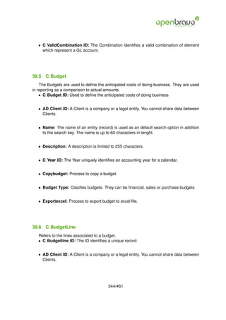 • C ValidCombination ID: The Combination identiﬁes a valid combination of element
     which represent a GL account.




39.5   C Budget
    The Budgets are used to deﬁne the anticipated costs of doing business. They are used
in reporting as a comparison to actual amounts.
    • C Budget ID: Used to deﬁne the anticipated costs of doing business


   • AD Client ID: A Client is a company or a legal entity. You cannot share data between
     Clients.


   • Name: The name of an entity (record) is used as an default search option in addition
     to the search key. The name is up to 60 characters in lenght.


   • Description: A description is limited to 255 characters.


   • C Year ID: The Year uniquely identiﬁes an accounting year for a calendar.


   • Copybudget: Process to copy a budget.


   • Budget Type: Clasiﬁes budgets. They can be ﬁnancial, sales or purchase budgets.


   • Exportexcel: Process to export budget to excel ﬁle.




39.6   C BudgetLine
   Refers to the lines associated to a budget.
   • C Budgetline ID: The ID identiﬁes a unique record


   • AD Client ID: A Client is a company or a legal entity. You cannot share data between
     Clients.




                                         344/461
 