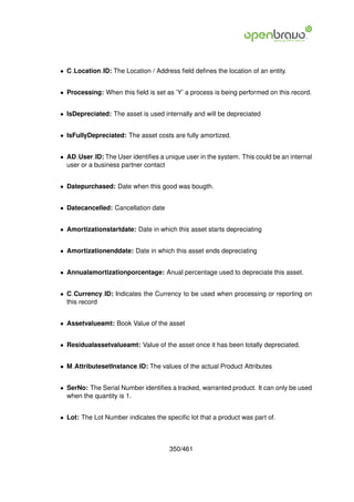 • C Location ID: The Location / Address ﬁeld deﬁnes the location of an entity.


• Processing: When this ﬁeld is set as ’Y’ a process is being performed on this record.


• IsDepreciated: The asset is used internally and will be depreciated


• IsFullyDepreciated: The asset costs are fully amortized.


• AD User ID: The User identiﬁes a unique user in the system. This could be an internal
  user or a business partner contact


• Datepurchased: Date when this good was bougth.


• Datecancelled: Cancellation date


• Amortizationstartdate: Date in which this asset starts depreciating


• Amortizationenddate: Date in which this asset ends depreciating


• Annualamortizationporcentage: Anual percentage used to depreciate this asset.


• C Currency ID: Indicates the Currency to be used when processing or reporting on
  this record


• Assetvalueamt: Book Value of the asset


• Residualassetvalueamt: Value of the asset once it has been totally depreciated.


• M AttributesetInstance ID: The values of the actual Product Attributes


• SerNo: The Serial Number identiﬁes a tracked, warranted product. It can only be used
  when the quantity is 1.


• Lot: The Lot Number indicates the speciﬁc lot that a product was part of.



                                      350/461
 