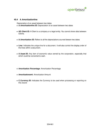 40.4   A Amortizationline
  Depreciation of an asset between two dates
  • A Amortizationline ID: Depreciation of an asset between two dates


  • AD Client ID: A Client is a company or a legal entity. You cannot share data between
    Clients.


  • A Amortization ID: Refers to all the depreciations ocurred btween two dates


  • Line: Indicates the unique line for a document. It will also control the display order of
    the lines within a document.


  • A Asset ID: Any item of economic value owned by the corporation, especially that
    which could be converted to cash.




  • Amortization Porcentage: Amortization Percentage


  • Amortizationamt: Amortization Amount


  • C Currency ID: Indicates the Currency to be used when processing or reporting on
    this record




                                         354/461
 