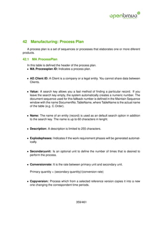 42 Manufacturing: Process Plan
   A process plan is a set of sequences or processes that elaborates one or more diferent
products.

42.1    MA ProcessPlan
   In this table is deﬁned the header of the process plan.
   • MA Processplan ID: Indicates a process plan.


   • AD Client ID: A Client is a company or a legal entity. You cannot share data between
     Clients.


   • Value: A search key allows you a fast method of ﬁnding a particular record. If you
     leave the search key empty, the system automatically creates a numeric number. The
     document sequence used for this fallback number is deﬁned in the Maintain Sequence
     window with the name DocumentNo TableName, where TableName is the actual name
     of the table (e.g. C Order).


   • Name: The name of an entity (record) is used as an default search option in addition
     to the search key. The name is up to 60 characters in lenght.


   • Description: A description is limited to 255 characters.


   • Explodephases: Indicates if the work requirement phases will be generated automat-
     ically.


   • Secondaryunit: Is an optional unit to deﬁne the number of times that is desired to
     perform the process.


   • Conversionrate: It is the rate between primary unit and secondary unit.

       Primary quantity = (secondary quantity)/(conversion rate)


   • Copyversion: Process which from a selected reference version copies it into a new
     one changing the correspondent time periods.




                                          359/461
 