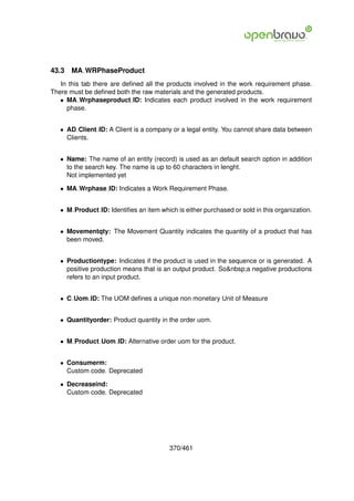 43.3   MA WRPhaseProduct
   In this tab there are deﬁned all the products involved in the work requirement phase.
There must be deﬁned both the raw materials and the generated products.
   • MA Wrphaseproduct ID: Indicates each product involved in the work requirement
     phase.


   • AD Client ID: A Client is a company or a legal entity. You cannot share data between
     Clients.


   • Name: The name of an entity (record) is used as an default search option in addition
     to the search key. The name is up to 60 characters in lenght.
     Not implemented yet

   • MA Wrphase ID: Indicates a Work Requirement Phase.


   • M Product ID: Identiﬁes an item which is either purchased or sold in this organization.


   • Movementqty: The Movement Quantity indicates the quantity of a product that has
     been moved.


   • Productiontype: Indicates if the product is used in the sequence or is generated. A
     positive production means that is an output product. So&nbsp;a negative productions
     refers to an input product.


   • C Uom ID: The UOM deﬁnes a unique non monetary Unit of Measure


   • Quantityorder: Product quantity in the order uom.


   • M Product Uom ID: Alternative order uom for the product.


   • Consumerm:
     Custom code. Deprecated

   • Decreaseind:
     Custom code. Deprecated




                                         370/461
 