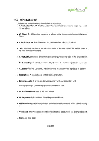 44.9    M ProductionPlan
  Contains the items used and generated in a production
  • M ProductionPlan ID: The Production Plan identiﬁes the items and steps in generat-
    ing a product.


  • AD Client ID: A Client is a company or a legal entity. You cannot share data between
    Clients.


  • M Production ID: The Production uniquely identiﬁes a Production Plan


  • Line: Indicates the unique line for a document. It will also control the display order of
    the lines within a document.


  • M Product ID: Identiﬁes an item which is either purchased or sold in this organization.


  • ProductionQty: The Production Quantity identiﬁes the number of products to produce


  • M Locator ID: The Locator ID indicates where in a Warehouse a product is located.


  • Description: A description is limited to 255 characters.


  • Conversionrate: It is the rate between primary unit and secondary unit.

       Primary quantity = (secondary quantity)/(conversion rate)


  • MA Costcenteruse: Use of the cost center.


  • MA Wrphase ID: Indicates a Work Requirement Phase.


  • Neededquantity: How many times it is necessary to complete a phase before closing
    it.


  • Processed: The Processed checkbox indicates that a document has been processed.


  • Realcost: Real Cost



                                          378/461
 