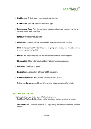 • MA Machine ID: Indicates a machine of the enterprise.


  • MA Machine Type ID: Identiﬁes a machine type.


  • Maintenance Type: Sets the maintenance type, available options are corrective, cor-
    rective (urgent) and preventive.


  • Scheduleddate: Scheduled date.


  • Conﬁrmed: Indicates that the maintenance schedule has been conﬁrmed.


  • Shift: Indicates the shift when the group is going to be measured. Available options
    are morning and swing shift


  • Result: The Result indicates the result of any action taken on this request.


  • Observation: Observations occurred during the process or operation.


  • Usedtime: Used time in hours.


  • Description: A description is limited to 255 characters.


  • MA Maint Operation ID: Identiﬁes a maintenance operation.


  • M Internal Consumption ID: Identiﬁes an internal consumption of products.




48.6   MA Maint Worker
  Workers that take part in the scheduled maintenances.
  • MA Maint Worker ID: Identiﬁes a worker that takes part on a maintenance part.


  • AD Client ID: A Client is a company or a legal entity. You cannot share data between
    Clients.




                                        399/461
 