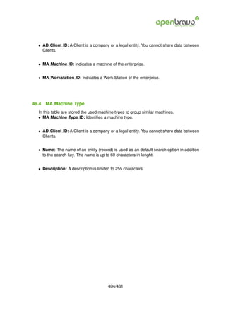 • AD Client ID: A Client is a company or a legal entity. You cannot share data between
    Clients.


  • MA Machine ID: Indicates a machine of the enterprise.


  • MA Workstation ID: Indicates a Work Station of the enterprise.




49.4   MA Machine Type
  In this table are stored the used machine types to group similar machines.
  • MA Machine Type ID: Identiﬁes a machine type.


  • AD Client ID: A Client is a company or a legal entity. You cannot share data between
    Clients.


  • Name: The name of an entity (record) is used as an default search option in addition
    to the search key. The name is up to 60 characters in lenght.


  • Description: A description is limited to 255 characters.




                                        404/461
 