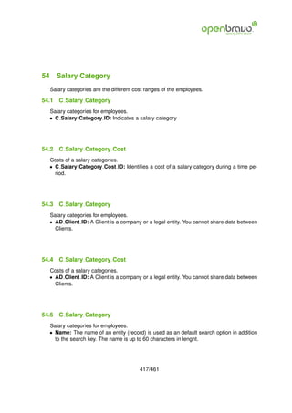 54 Salary Category
  Salary categories are the different cost ranges of the employees.

54.1   C Salary Category
  Salary categories for employees.
  • C Salary Category ID: Indicates a salary category




54.2   C Salary Category Cost
  Costs of a salary categories.
  • C Salary Category Cost ID: Identiﬁes a cost of a salary category during a time pe-
    riod.




54.3   C Salary Category
  Salary categories for employees.
  • AD Client ID: A Client is a company or a legal entity. You cannot share data between
    Clients.




54.4   C Salary Category Cost
  Costs of a salary categories.
  • AD Client ID: A Client is a company or a legal entity. You cannot share data between
    Clients.




54.5   C Salary Category
  Salary categories for employees.
  • Name: The name of an entity (record) is used as an default search option in addition
    to the search key. The name is up to 60 characters in lenght.




                                        417/461
 