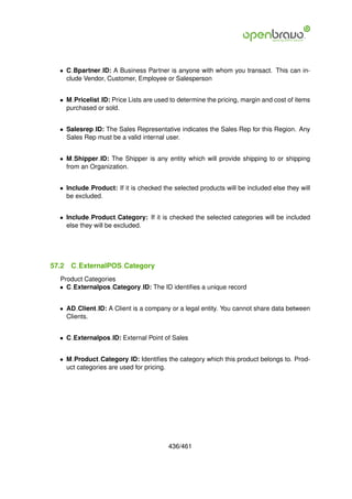 • C Bpartner ID: A Business Partner is anyone with whom you transact. This can in-
    clude Vendor, Customer, Employee or Salesperson


  • M Pricelist ID: Price Lists are used to determine the pricing, margin and cost of items
    purchased or sold.


  • Salesrep ID: The Sales Representative indicates the Sales Rep for this Region. Any
    Sales Rep must be a valid internal user.


  • M Shipper ID: The Shipper is any entity which will provide shipping to or shipping
    from an Organization.


  • Include Product: If it is checked the selected products will be included else they will
    be excluded.


  • Include Product Category: If it is checked the selected categories will be included
    else they will be excluded.




57.2   C ExternalPOS Category
  Product Categories
  • C Externalpos Category ID: The ID identiﬁes a unique record


  • AD Client ID: A Client is a company or a legal entity. You cannot share data between
    Clients.


  • C Externalpos ID: External Point of Sales


  • M Product Category ID: Identiﬁes the category which this product belongs to. Prod-
    uct categories are used for pricing.




                                        436/461
 
