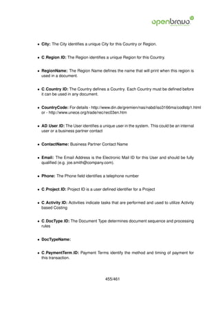 • City: The City identiﬁes a unique City for this Country or Region.


• C Region ID: The Region identiﬁes a unique Region for this Country.


• RegionName: The Region Name deﬁnes the name that will print when this region is
  used in a document.


• C Country ID: The Country deﬁnes a Country. Each Country must be deﬁned before
  it can be used in any document.


• CountryCode: For details - http://www.din.de/gremien/nas/nabd/iso3166ma/codlstp1.html
  or - http://www.unece.org/trade/rec/rec03en.htm


• AD User ID: The User identiﬁes a unique user in the system. This could be an internal
  user or a business partner contact


• ContactName: Business Partner Contact Name


• Email: The Email Address is the Electronic Mail ID for this User and should be fully
  qualiﬁed (e.g. joe.smith@company.com).


• Phone: The Phone ﬁeld identiﬁes a telephone number


• C Project ID: Project ID is a user deﬁned identiﬁer for a Project


• C Activity ID: Activities indicate tasks that are performed and used to utilize Activity
  based Costing


• C DocType ID: The Document Type determines document sequence and processing
  rules


• DocTypeName:


• C PaymentTerm ID: Payment Terms identify the method and timing of payment for
  this transaction.




                                       455/461
 