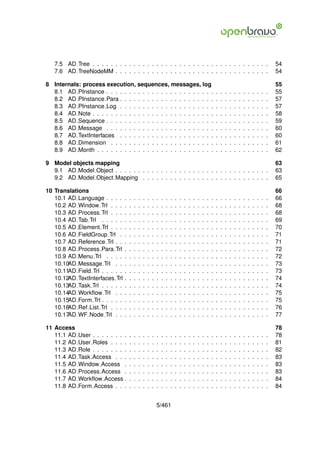 7.5 AD Tree . . . . . . . . . . . . . . . . . . . . . . . . . . . . . . . . . . . . . . .                                                                     54
   7.6 AD TreeNodeMM . . . . . . . . . . . . . . . . . . . . . . . . . . . . . . . . . .                                                                         54

8 Internals: process execution, sequences, messages, log                                                                                                         55
  8.1 AD PInstance . . . . . . . . . . . . . . . . . . . . . . . .                                               .   .   .   .   .   .   .   .   .   .   .   .   55
  8.2 AD PInstance Para . . . . . . . . . . . . . . . . . . . . .                                                .   .   .   .   .   .   .   .   .   .   .   .   57
  8.3 AD PInstance Log . . . . . . . . . . . . . . . . . . . . .                                                 .   .   .   .   .   .   .   .   .   .   .   .   57
  8.4 AD Note . . . . . . . . . . . . . . . . . . . . . . . . . . .                                              .   .   .   .   .   .   .   .   .   .   .   .   58
  8.5 AD Sequence . . . . . . . . . . . . . . . . . . . . . . . .                                                .   .   .   .   .   .   .   .   .   .   .   .   59
  8.6 AD Message . . . . . . . . . . . . . . . . . . . . . . . .                                                 .   .   .   .   .   .   .   .   .   .   .   .   60
  8.7 AD TextInterfaces . . . . . . . . . . . . . . . . . . . . .                                                .   .   .   .   .   .   .   .   .   .   .   .   60
  8.8 AD Dimension . . . . . . . . . . . . . . . . . . . . . . .                                                 .   .   .   .   .   .   .   .   .   .   .   .   61
  8.9 AD Month . . . . . . . . . . . . . . . . . . . . . . . . . .                                               .   .   .   .   .   .   .   .   .   .   .   .   62

9 Model objects mapping                                                                                                                                          63
  9.1 AD Model Object . . . . . . . . . . . . . . . . . . . . . . . . . . . . . . . . . .                                                                        63
  9.2 AD Model Object Mapping . . . . . . . . . . . . . . . . . . . . . . . . . . . .                                                                            65

10 Translations                                                                                                                                                  66
   10.1 AD Language . . . .      .   .   .   .   .   .   .   .   .   .   .   .   .   .   .   .   .   .   .   .   .   .   .   .   .   .   .   .   .   .   .   .   66
   10.2 AD Window Trl . . .      .   .   .   .   .   .   .   .   .   .   .   .   .   .   .   .   .   .   .   .   .   .   .   .   .   .   .   .   .   .   .   .   68
   10.3 AD Process Trl . . .     .   .   .   .   .   .   .   .   .   .   .   .   .   .   .   .   .   .   .   .   .   .   .   .   .   .   .   .   .   .   .   .   68
   10.4 AD Tab Trl . . . . .     .   .   .   .   .   .   .   .   .   .   .   .   .   .   .   .   .   .   .   .   .   .   .   .   .   .   .   .   .   .   .   .   69
   10.5 AD Element Trl . . .     .   .   .   .   .   .   .   .   .   .   .   .   .   .   .   .   .   .   .   .   .   .   .   .   .   .   .   .   .   .   .   .   70
   10.6 AD FieldGroup Trl .      .   .   .   .   .   .   .   .   .   .   .   .   .   .   .   .   .   .   .   .   .   .   .   .   .   .   .   .   .   .   .   .   71
   10.7 AD Reference Trl . .     .   .   .   .   .   .   .   .   .   .   .   .   .   .   .   .   .   .   .   .   .   .   .   .   .   .   .   .   .   .   .   .   71
   10.8 AD Process Para Trl      .   .   .   .   .   .   .   .   .   .   .   .   .   .   .   .   .   .   .   .   .   .   .   .   .   .   .   .   .   .   .   .   72
   10.9 AD Menu Trl . . . .      .   .   .   .   .   .   .   .   .   .   .   .   .   .   .   .   .   .   .   .   .   .   .   .   .   .   .   .   .   .   .   .   72
   10.10AD Message Trl . .       .   .   .   .   .   .   .   .   .   .   .   .   .   .   .   .   .   .   .   .   .   .   .   .   .   .   .   .   .   .   .   .   73
   10.11AD Field Trl . . . . .   .   .   .   .   .   .   .   .   .   .   .   .   .   .   .   .   .   .   .   .   .   .   .   .   .   .   .   .   .   .   .   .   73
   10.12AD TextInterfaces Trl    .   .   .   .   .   .   .   .   .   .   .   .   .   .   .   .   .   .   .   .   .   .   .   .   .   .   .   .   .   .   .   .   74
   10.13AD Task Trl . . . . .    .   .   .   .   .   .   .   .   .   .   .   .   .   .   .   .   .   .   .   .   .   .   .   .   .   .   .   .   .   .   .   .   74
   10.14AD Workﬂow Trl . .       .   .   .   .   .   .   .   .   .   .   .   .   .   .   .   .   .   .   .   .   .   .   .   .   .   .   .   .   .   .   .   .   75
   10.15AD Form Trl . . . . .    .   .   .   .   .   .   .   .   .   .   .   .   .   .   .   .   .   .   .   .   .   .   .   .   .   .   .   .   .   .   .   .   75
   10.16AD Ref List Trl . . .    .   .   .   .   .   .   .   .   .   .   .   .   .   .   .   .   .   .   .   .   .   .   .   .   .   .   .   .   .   .   .   .   76
   10.17AD WF Node Trl . .       .   .   .   .   .   .   .   .   .   .   .   .   .   .   .   .   .   .   .   .   .   .   .   .   .   .   .   .   .   .   .   .   77

11 Access                                                                                                                                                        78
   11.1 AD   User . . . . . . . .    .   .   .   .   .   .   .   .   .   .   .   .   .   .   .   .   .   .   .   .   .   .   .   .   .   .   .   .   .   .   .   78
   11.2 AD   User Roles . . . .      .   .   .   .   .   .   .   .   .   .   .   .   .   .   .   .   .   .   .   .   .   .   .   .   .   .   .   .   .   .   .   81
   11.3 AD   Role . . . . . . . .    .   .   .   .   .   .   .   .   .   .   .   .   .   .   .   .   .   .   .   .   .   .   .   .   .   .   .   .   .   .   .   82
   11.4 AD   Task Access . . .       .   .   .   .   .   .   .   .   .   .   .   .   .   .   .   .   .   .   .   .   .   .   .   .   .   .   .   .   .   .   .   83
   11.5 AD   Window Access .         .   .   .   .   .   .   .   .   .   .   .   .   .   .   .   .   .   .   .   .   .   .   .   .   .   .   .   .   .   .   .   83
   11.6 AD   Process Access .        .   .   .   .   .   .   .   .   .   .   .   .   .   .   .   .   .   .   .   .   .   .   .   .   .   .   .   .   .   .   .   83
   11.7 AD   Workﬂow Access .        .   .   .   .   .   .   .   .   .   .   .   .   .   .   .   .   .   .   .   .   .   .   .   .   .   .   .   .   .   .   .   84
   11.8 AD   Form Access . . .       .   .   .   .   .   .   .   .   .   .   .   .   .   .   .   .   .   .   .   .   .   .   .   .   .   .   .   .   .   .   .   84


                                                             5/461
 