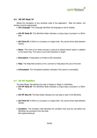 6.3   AD WF Node Trl
   Allows the translation of any workﬂow node of the application. After the edition, the
window must be regenerated.
   • AD Language: The Language identiﬁes the language to use for display


   • AD WF Node ID: The Workﬂow Node indicates a unique step or process in a Work-
     ﬂow.


   • AD Client ID: A Client is a company or a legal entity. You cannot share data between
     Clients.


   • Name: The name of an entity (record) is used as an default search option in addition
     to the search key. The name is up to 60 characters in lenght.


   • Description: A description is limited to 255 characters.


   • Help: The Help ﬁeld contains a hint, comment or help about the use of this item.


   • IsTranslated: The Translated checkbox indicates if this column is translated.




6.4   AD WF NodeNext
   The Next Nodes Tab deﬁnes the order or Nodes or Steps in a Workﬂow.
   • AD WF Node ID: The Workﬂow Node indicates a unique step or process in a Work-
     ﬂow.


   • AD WF Next ID: The Next Node indicates the next step or task in this Workﬂow.


   • AD Client ID: A Client is a company or a legal entity. You cannot share data between
     Clients.


   • Condition: The Condition ﬁeld identiﬁes the condition that must be met before the
     Workﬂow can proceed to the next task.
     Not implemented yet




                                          50/461
 