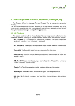 8 Internals: process execution, sequences, messages, log
   The Message deﬁnes the Message Text and Message Tips for each system generated
message.
The Sequence deﬁnes how document numbers will be sequenced.Change the way docu-
ment numbers are generated. You may add a preﬁx or a sufﬁx or change the current number.
The system creates messages while performing processes.

8.1   AD PInstance
    This table is used internally by the application. Whenever a process is called a new line
is added to this table including the process identiﬁer and the record that called the process.
    • AD PInstance ID: Process Instance identiﬁes the instance of a process. Every time a
      process is executed a new instance of it is created.


   • AD Process ID: The Process ﬁeld identiﬁes a unique Process or Report in the system.


   • Record ID: The Record ID is the internal unique identiﬁer of a record


   • IsProcessing: When the process is being accomplished this record has ’Y’ value, oth-
     erwise it has ’N’.


   • AD User ID: The User identiﬁes a unique user in the system. This could be an internal
     user or a business partner contact


   • Result: The Result indicates the result of any action taken on this request.


   • ErrorMsg: In this ﬁled is stored the error message in case the process fails.


   • AD Client ID: A Client is a company or a legal entity. You cannot share data between
     Clients.




                                           55/461
 