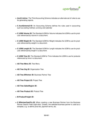 • Acct3 Active: The Third Accounting Schema indicates an alternate set of rules to use
  for generating reports.


• C AcctSchema3 ID: An Accounting Schema deﬁnes the rules used in accounting
  such as costing method, currency and calendar


• C UOM Volume ID: The Standard UOM for Volume indicates the UOM to use for prod-
  ucts referenced by volume in a document.


• C UOM Weight ID: The Standard UOM for Weight indicates the UOM to use for prod-
  ucts referenced by weight in a document.


• C UOM Length ID: The Standard UOM for Length indicates the UOM to use for prod-
  ucts referenced by length in a document.


• C UOM Time ID: The Standard UOM for Time indicates the UOM to use for products
  referenced by time in a document.


• AD Tree Menu ID: Tree Menu


• AD Tree Org ID: Organization Tree


• AD Tree BPartner ID: Business Partner Tree


• AD Tree Project ID: Project Tree


• AD Tree SalesRegion ID:


• AD Tree Product ID: Product Tree


• M ProductFreight ID:


• C BPartnerCashTrx ID: When creating a new Business Partner from the Business
  Partner Search Field (right-click: Create), the selected business partner is used as a
  template, e.g. to deﬁne price list, payment terms, etc.




                                      96/461
 
