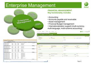 Enterprise Management                                               Retail

                       FINANCIAL MANAGEMENT
                       Key functionality includes

                       • Accounting
                       • Accounts payable and receivable
                       • Asset management
                       • Financial Budget management
                       • Internationalization support (multi-currency,
                       multi-language, multi-schema accounting)




© 2012 Openbravo Inc                                        Page 23
 