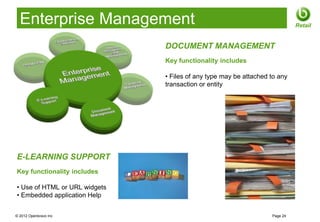 Enterprise Management                                                      Retail


                               DOCUMENT MANAGEMENT
                               Key functionality includes

                               • Files of any type may be attached to any
                               transaction or entity




E-LEARNING SUPPORT
Key functionality includes

• Use of HTML or URL widgets
• Embedded application Help


© 2012 Openbravo Inc                                               Page 24
 