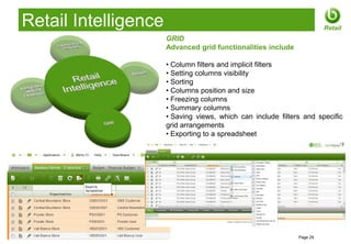 Retail Intelligence                                                     Retail
                        GRID
                        Advanced grid functionalities include

                        • Column filters and implicit filters
                        • Setting columns visibility
                        • Sorting
                        • Columns position and size
                        • Freezing columns
                        • Summary columns
                        • Saving views, which can include filters and specific
                        grid arrangements
                        • Exporting to a spreadsheet




© 2012 Openbravo Inc                                            Page 29
 
