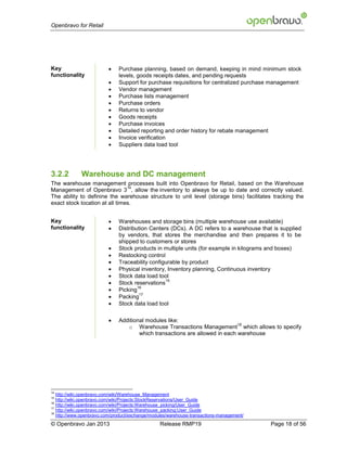 Openbravo for Retail




Key                          Purchase planning, based on demand, keeping in mind minimum stock
functionality                 levels, goods receipts dates, and pending requests
                             Support for purchase requisitions for centralized purchase management
                             Vendor management
                             Purchase lists management
                             Purchase orders
                             Returns to vendor
                             Goods receipts
                             Purchase invoices
                             Detailed reporting and order history for rebate management
                             Invoice verification
                             Suppliers data load tool




3.2.2        Warehouse and DC management
The warehouse management processes built into Openbravo for Retail, based on the Warehouse
                                14
Management of Openbravo 3 , allow the inventory to always be up to date and correctly valued.
The ability to definine the warehouse structure to unit level (storage bins) facilitates tracking the
exact stock location at all times.


Key                          Warehouses and storage bins (multiple warehouse use available)
functionality                Distribution Centers (DCs). A DC refers to a warehouse that is supplied
                              by vendors, that stores the merchandise and then prepares it to be
                              shipped to customers or stores
                             Stock products in multiple units (for example in kilograms and boxes)
                             Restocking control
                             Traceability configurable by product
                             Physical inventory, Inventory planning, Continuous inventory
                             Stock data load tool
                          
                                                 15
                              Stock reservations
                          
                                      16
                              Picking
                          
                                       17
                              Packing
                             Stock data load tool

                             Additional modules like:
                                                                             18
                                 o Warehouse Transactions Management which allows to specify
                                      which transactions are allowed in each warehouse




14
   http://wiki.openbravo.com/wiki/Warehouse_Management
15
   http://wiki.openbravo.com/wiki/Projects:StockReservations/User_Guide
16
   http://wiki.openbravo.com/wiki/Projects:Warehouse_picking/User_Guide
17
   http://wiki.openbravo.com/wiki/Projects:Warehouse_packing:User_Guide
18
   http://www.openbravo.com/product/exchange/modules/warehouse-transactions-management/
© Openbravo Jan 2013                             Release RMP19                            Page 18 of 56
 