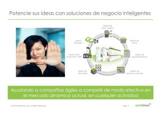 © 2014 Openbravo Inc. All Rights Reserved. Page 11
Potencie sus ideas con soluciones de negocio inteligentes
Ayudando a compañías ágiles a competir de modo efectivo en
el mercado dinámico actual, en cualquier actividad
 