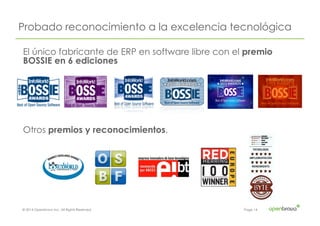 © 2014 Openbravo Inc. All Rights Reserved. Page 14
Probado reconocimiento a la excelencia tecnológica
El único fabricante de ERP en software libre con el premio
BOSSIE en 6 ediciones
Otros premios y reconocimientos.
 