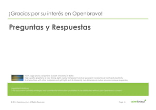 © 2014 Openbravo Inc. All Rights Reserved. Page 18
Important Notices:
• This document contains privileged and confidential information prohibited to be distributed without prior Openbravo consent
¡Gracias por su interés en Openbravo!
Front page photo: Graphene (Credit: University of Bath)
High-quality graphene is very strong, light, nearly transparent and an excellent conductor of heat and electricity.
Its interactions with other materials and with light and its inherently two-dimensional nature produce unique properties.
Preguntas y Respuestas
 