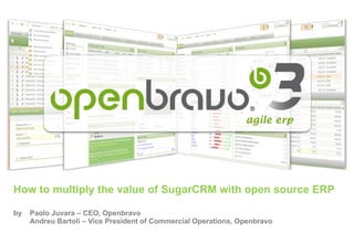 How to multiply the value of SugarCRM with open source ERP

by   Paolo Juvara – CEO, Openbravo
     Andreu Bartoli – Vice President of Commercial Operations, Openbravo
 