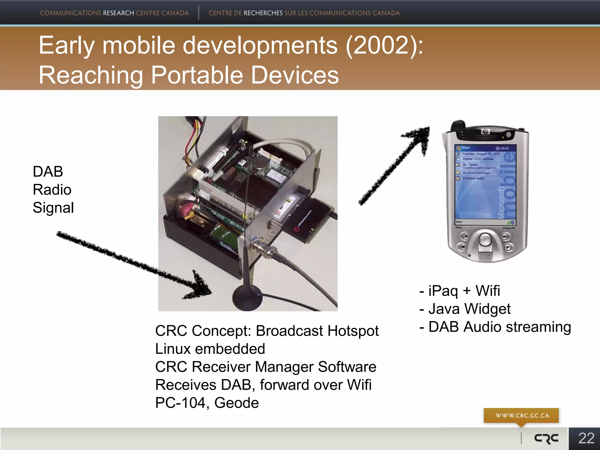 Early mobile developments (2002):
Reaching Portable Devices


DAB
Radio
Signal




                                           - iPaq + Wifi
                                           - Java Widget
         CRC Concept: Broadcast Hotspot    - DAB Audio streaming
         Linux embedded
         CRC Receiver Manager Software
         Receives DAB, forward over Wifi
         PC-104, Geode

                                                                   22
 