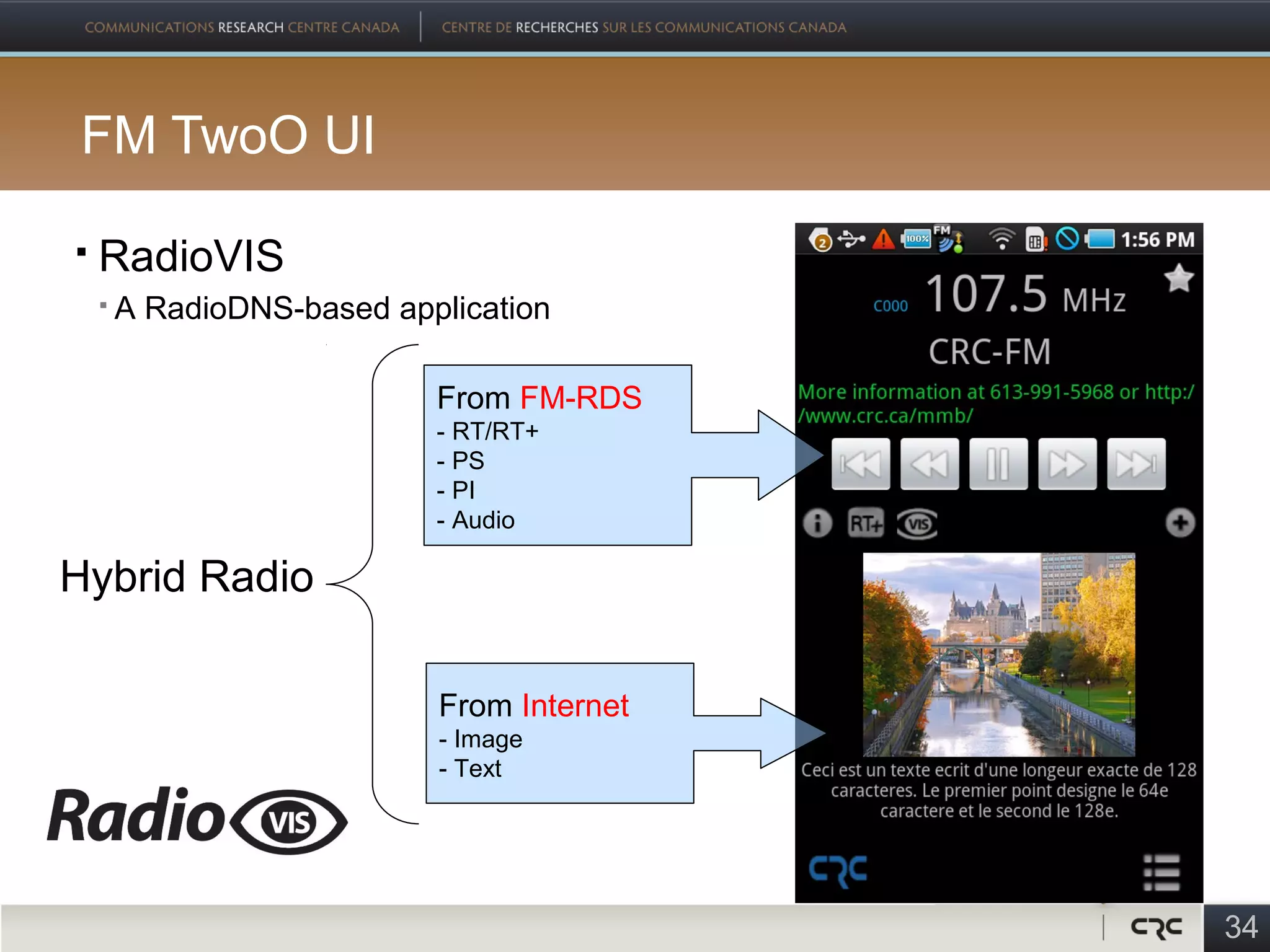 FM TwoO UI

   RadioVIS
       A RadioDNS-based application

                            From FM-RDS
                            - RT/RT+
                            - PS
                            - PI
                            - Audio

Hybrid Radio

                            From Internet
                            - Image
                            - Text




                                            34
 