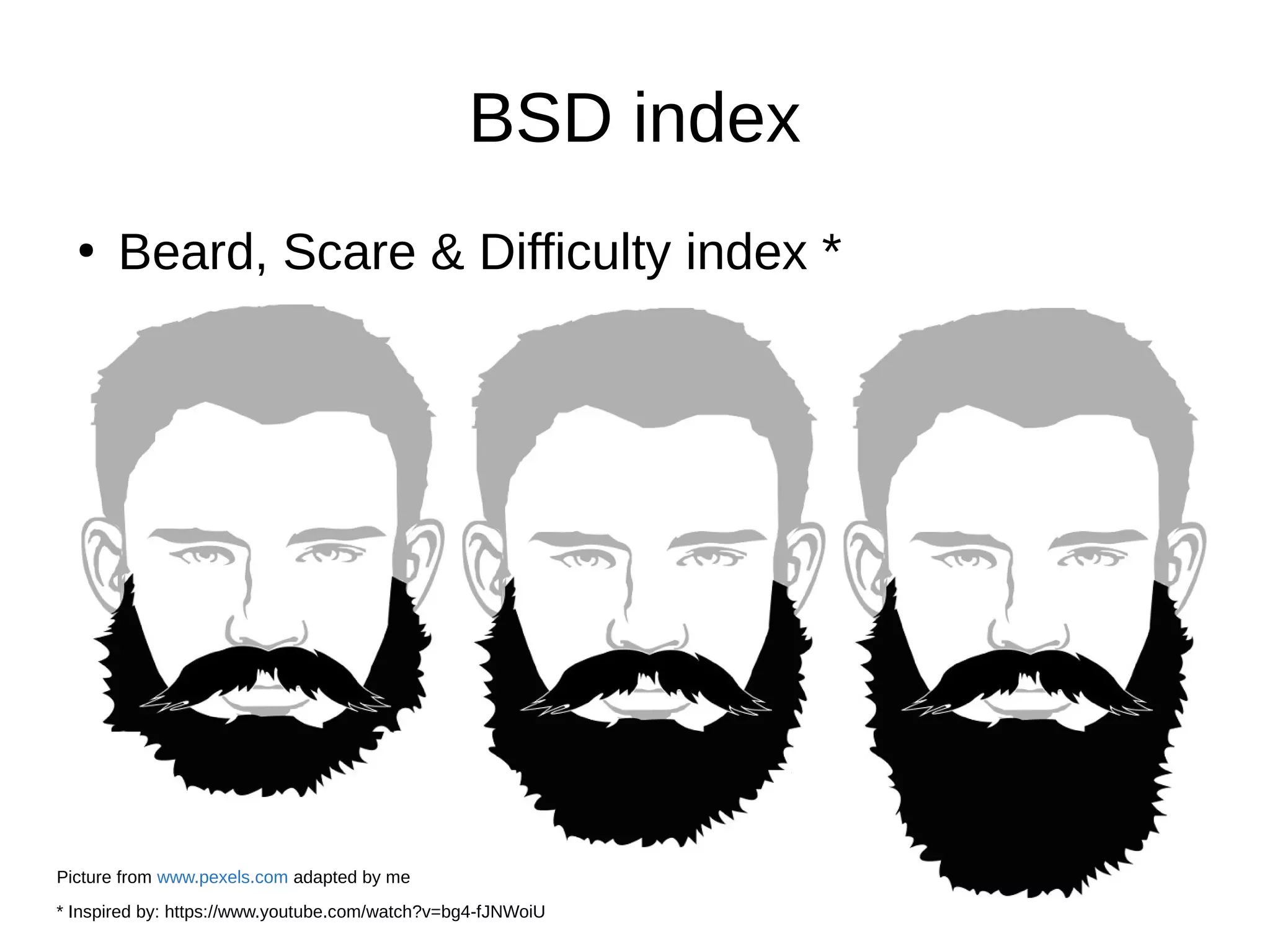 BSD index
●
Beard, Scare & Difficulty index *
* Inspired by: https://www.youtube.com/watch?v=bg4-fJNWoiU
Picture from www.pexels.com adapted by me
 