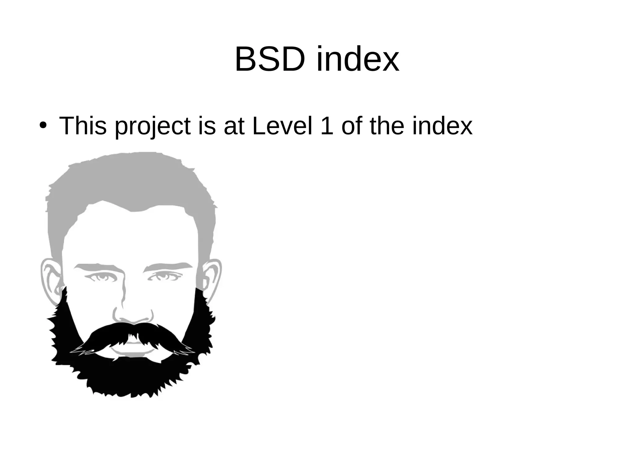 BSD index
●
This project is at Level 1 of the index
 