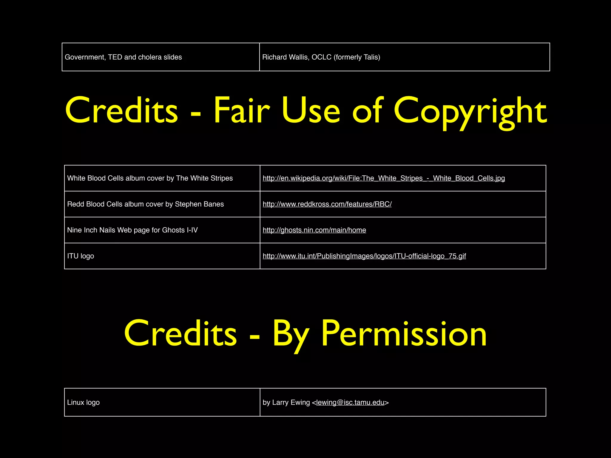 Government, TED and cholera slides Richard Wallis, OCLC (formerly Talis) 
Credits - Fair Use of Copyright 
White Blood Cells album cover by The White Stripes http://en.wikipedia.org/wiki/File:The_White_Stripes_-_White_Blood_Cells.jpg 
Redd Blood Cells album cover by Stephen Banes http://www.reddkross.com/features/RBC/ 
Nine Inch Nails Web page for Ghosts I-IV http://ghosts.nin.com/main/home 
ITU logo http://www.itu.int/PublishingImages/logos/ITU-official-logo_75.gif 
Credits - By Permission 
Linux logo by Larry Ewing <lewing@isc.tamu.edu> 
